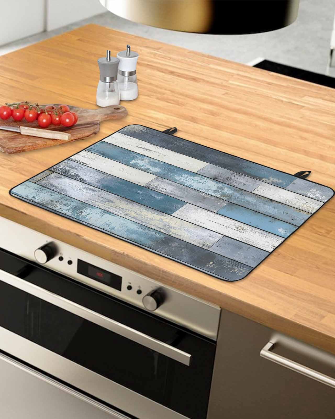 nqOlkjepod Large Induction Cooktop Protector Mat 24"x21", Blue Grey Wooden Stove Top Covers for Electric Stove, Farmhouse Vintage Cabin Stripes Stove Burner Cover Mats, Glass Top Stove Cover