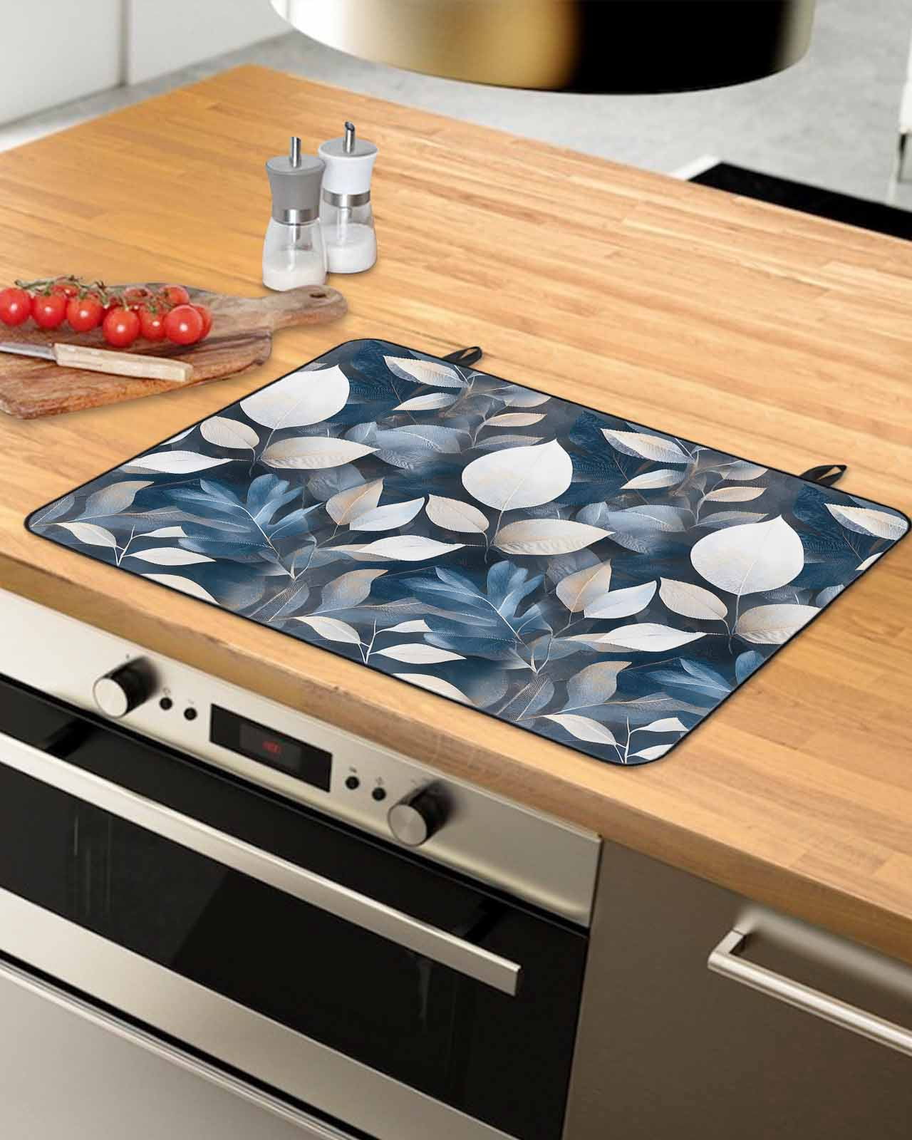 nqOlkjepod Large Induction Cooktop Protector Mat 24"x21", Blue Leaves Stove Top Covers for Electric Stove, Watercolor Country Vintage Plants Branches Stove Burner Cover Mats, Glass Top Stove Cover