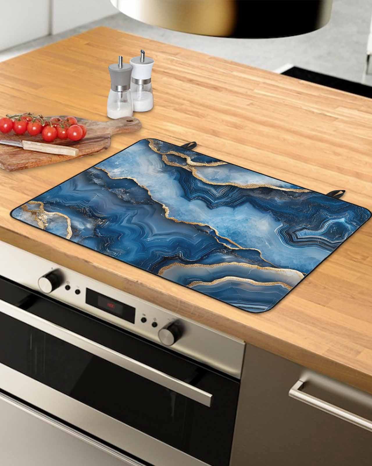 nqOlkjepod Large Induction Cooktop Protector Mat 24"x21", Blue Marble Stove Top Covers for Electric Stove, Contemporary Abstract Golden Foil Texture Stove Burner Cover Mats, Glass Top Stove Cover