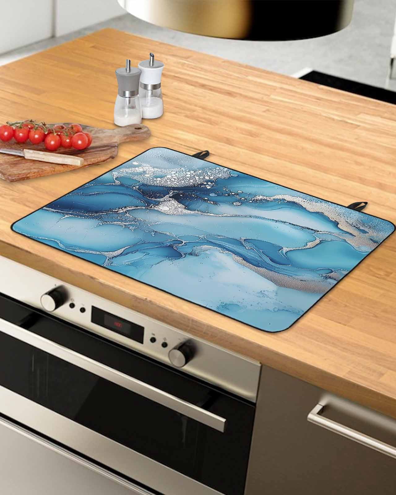 nqOlkjepod Large Induction Cooktop Protector Mat 24"x21", Blue Marble Stove Top Covers for Electric Stove, Grey Modern Aesthetic Artwork Decorative Stove Burner Cover Mats, Glass Top Stove Cover
