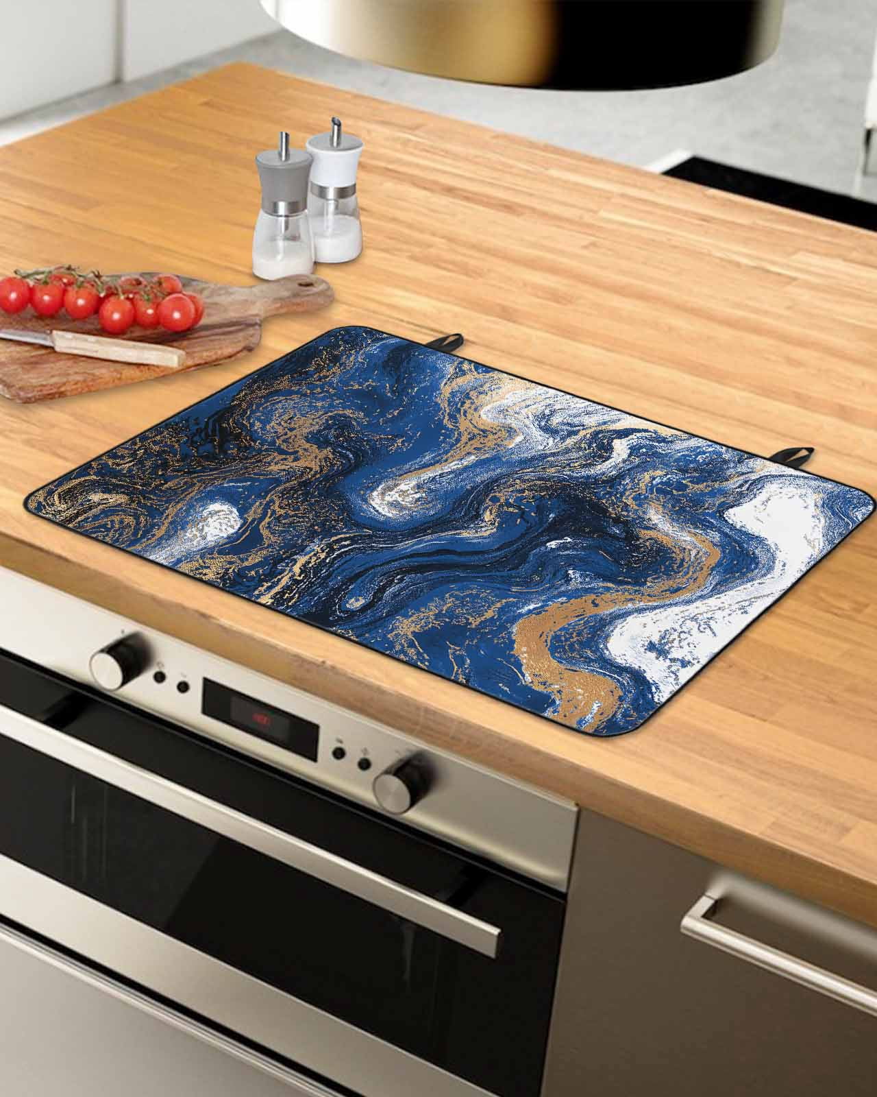 nqOlkjepod Large Induction Cooktop Protector Mat 24"x21", Blue Marble Stove Top Covers for Electric Stove, Modern Minimalist Abstract Fluid Art Stove Burner Cover Mats, Glass Top Stove Cover