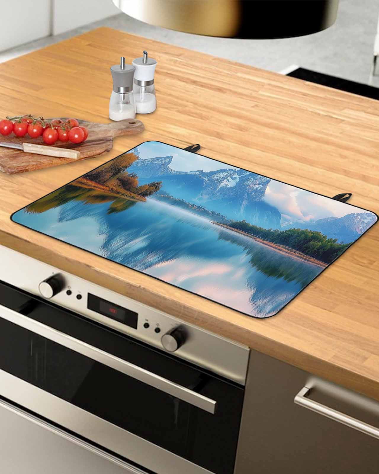 nqOlkjepod Large Induction Cooktop Protector Mat 24"x21", Blue Mountain Stove Top Covers for Electric Stove, Forest Modern Art Pastoral Decorative Stove Burner Cover Mats, Glass Top Stove Cover