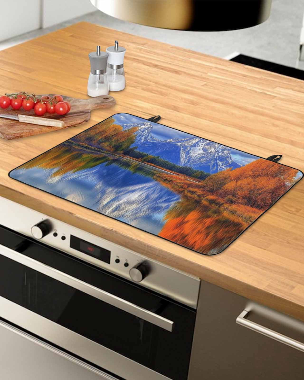 nqOlkjepod Large Induction Cooktop Protector Mat 24"x21", Blue Mountain Stove Top Covers for Electric Stove, Modern Art Yellow Forest Lake Decorative Stove Burner Cover Mats, Glass Top Stove Cover