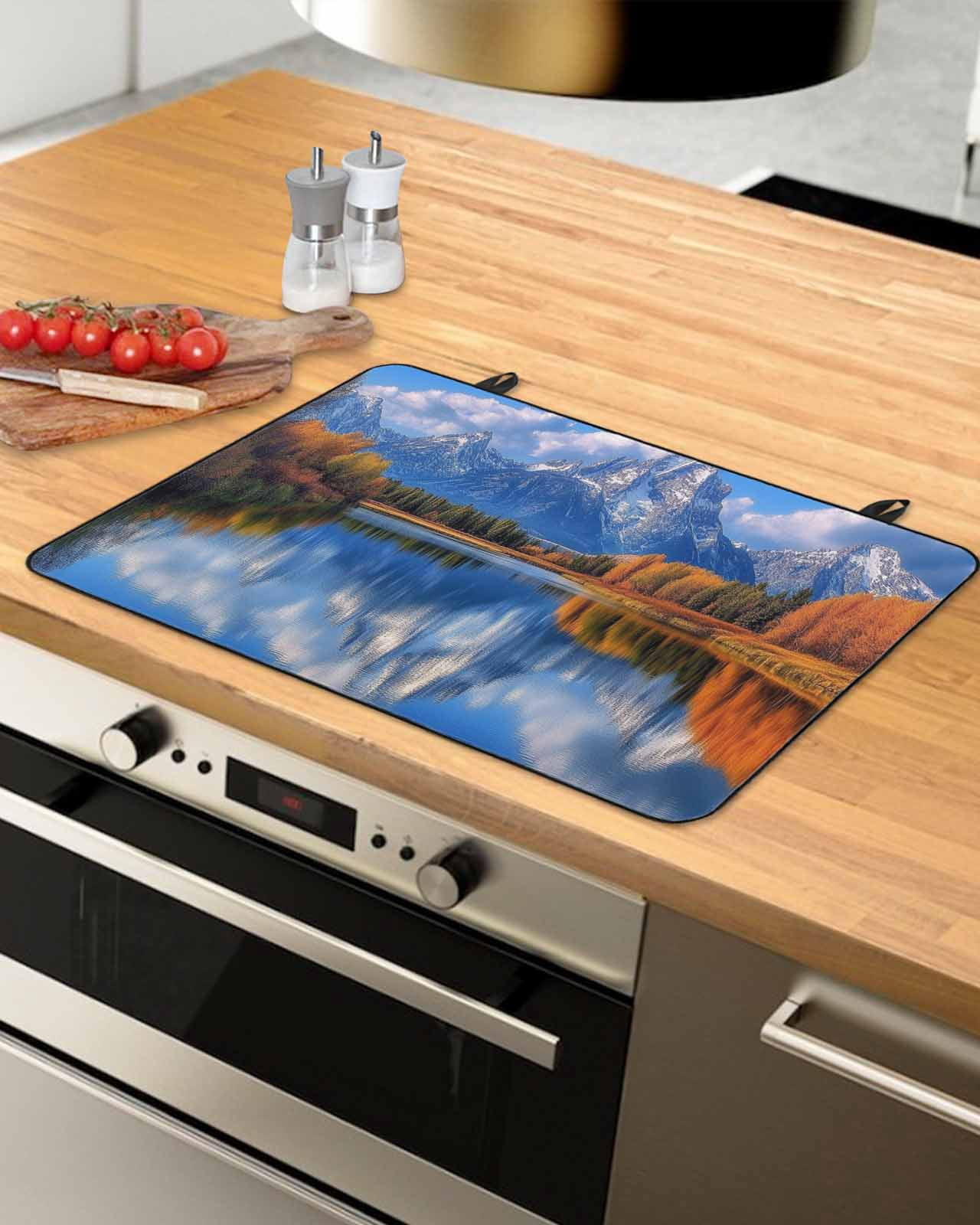 nqOlkjepod Large Induction Cooktop Protector Mat 24"x21", Blue Mountain Stove Top Covers for Electric Stove, Modern Art Yellow Trees Lake Decorative Stove Burner Cover Mats, Glass Top Stove Cover