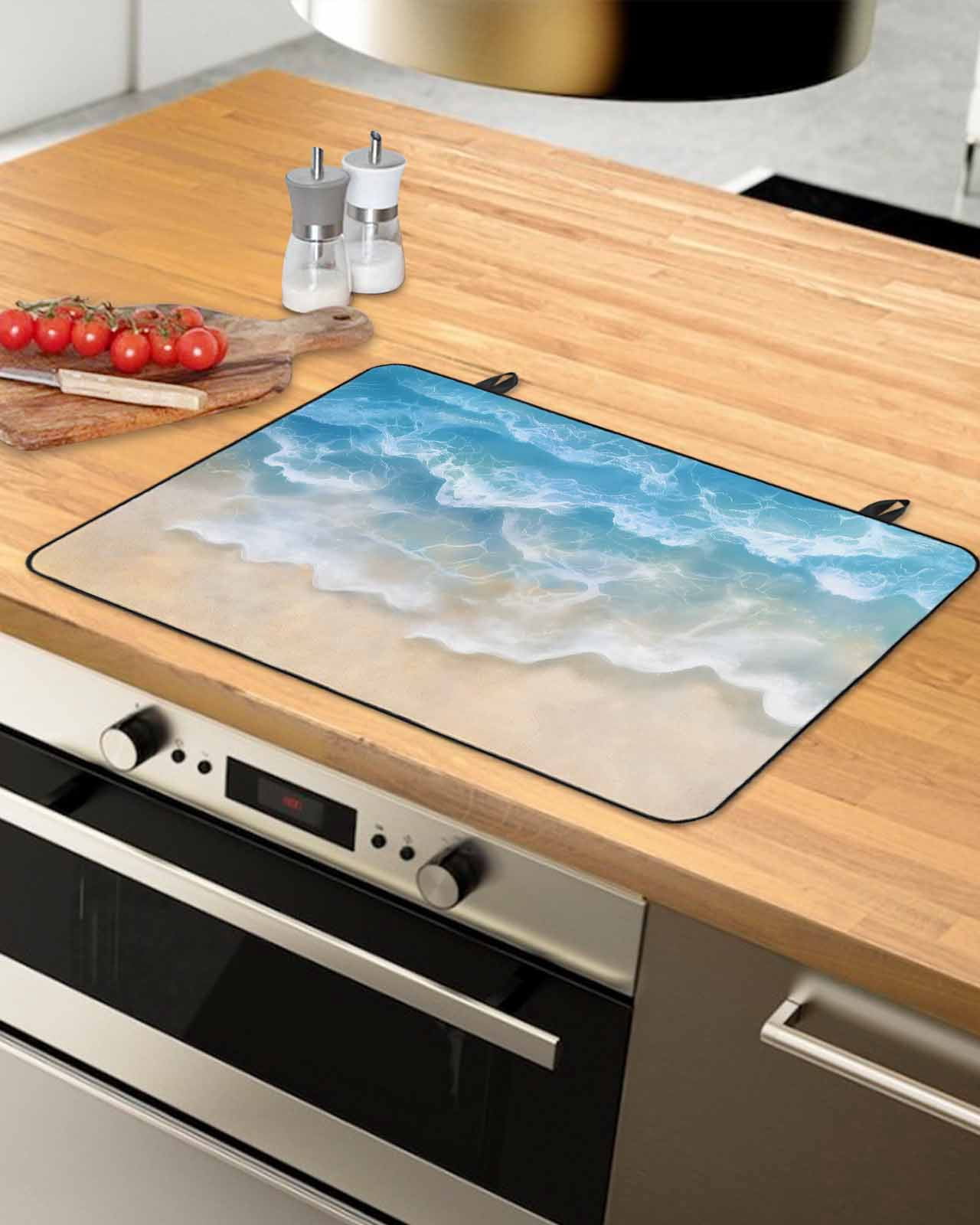 nqOlkjepod Large Induction Cooktop Protector Mat 24"x21", Blue Ocean Stove Top Covers for Electric Stove, Nature Summer Beach Brown Sand Water Ripple Stove Burner Cover Mats, Glass Top Stove Cover