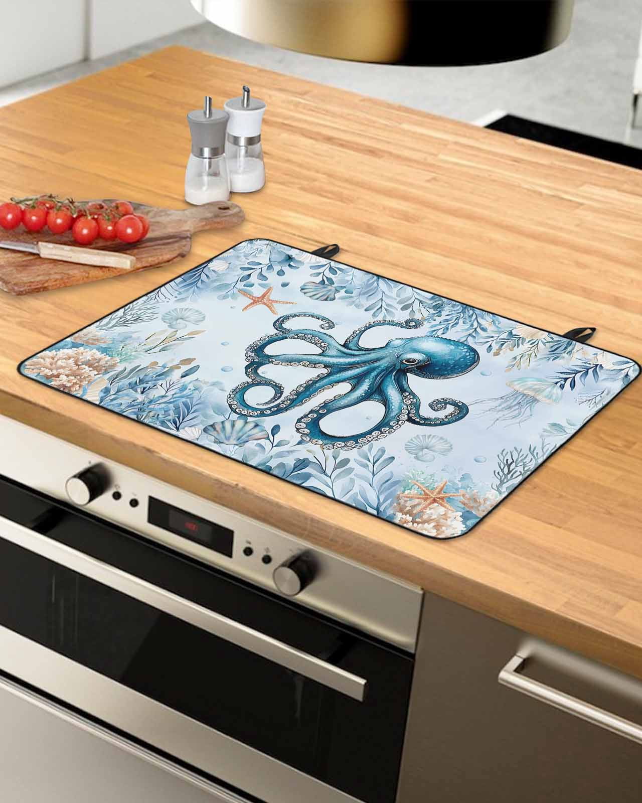 nqOlkjepod Large Induction Cooktop Protector Mat 24"x21", Blue Octopus Coastal Stove Top Covers for Electric Stove, Eucalyptus Leaves Botanical Stove Burner Cover Mats, Glass Top Stove Cover