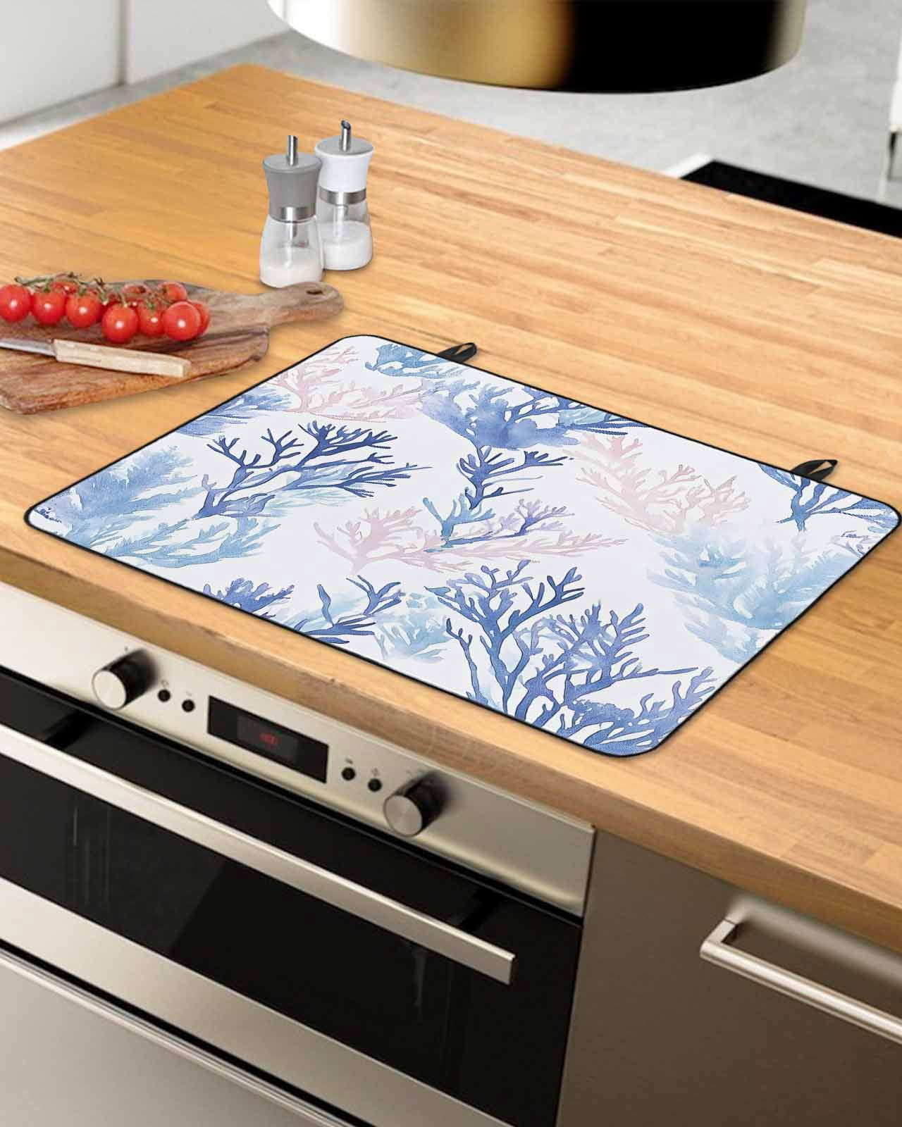 nqOlkjepod Large Induction Cooktop Protector Mat 24"x21", Blue Pink Coral Stove Top Covers for Electric Stove, Watercolor Coastal Ocean Life Decorative Stove Burner Cover Mats, Glass Top Stove Cover