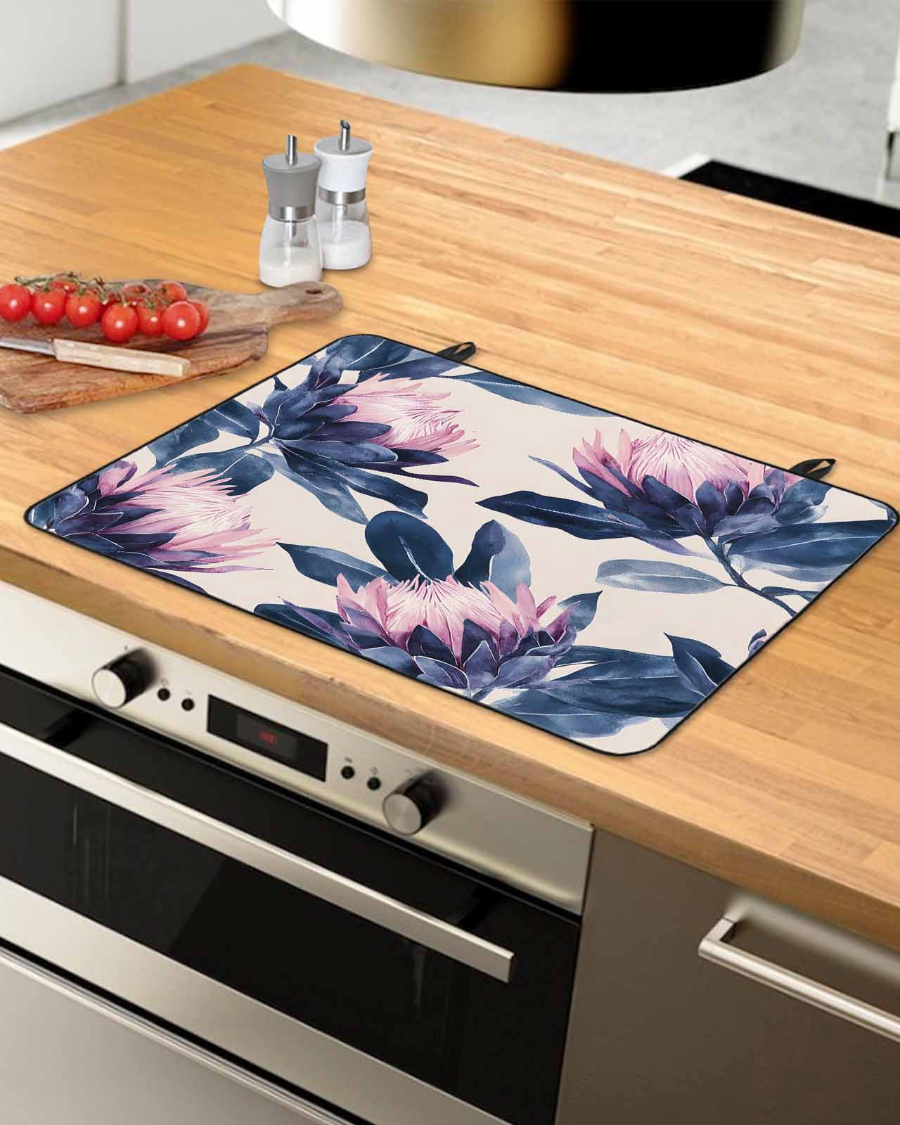 nqOlkjepod Large Induction Cooktop Protector Mat 24"x21", Blue Purple Botanical Stove Top Covers for Electric Stove, Spring Flowers Summer Rustic Stove Burner Cover Mats, Glass Top Stove Cover