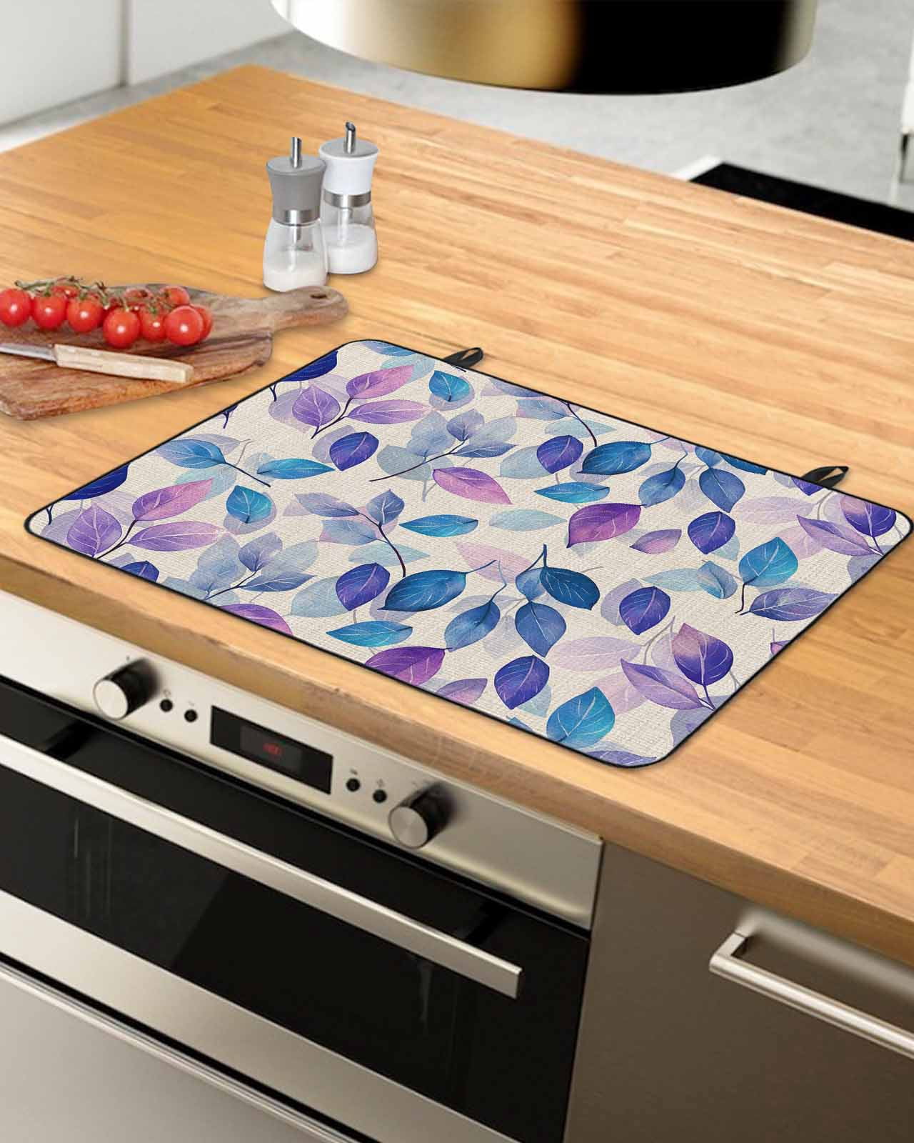 nqOlkjepod Large Induction Cooktop Protector Mat 24"x21", Blue Purple Leaves Stove Top Covers for Electric Stove, Botanical Abstract Color Retro Plants Stove Burner Cover Mats, Glass Top Stove Cover