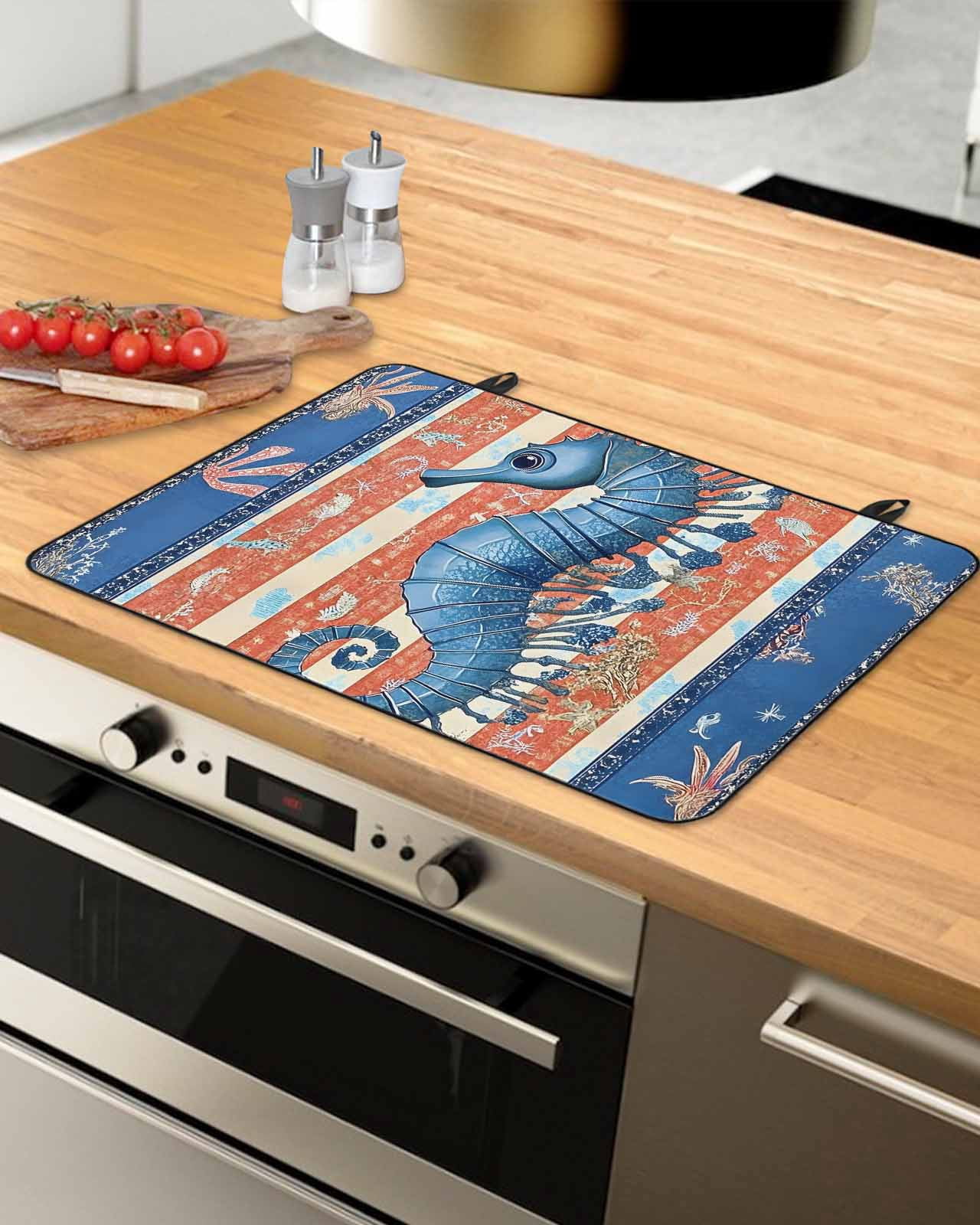 nqOlkjepod Large Induction Cooktop Protector Mat 24"x21", Blue Seahorse Stove Top Covers for Electric Stove, Summer Ocean Orange Coral Striped Stove Burner Cover Mats, Glass Top Stove Cover