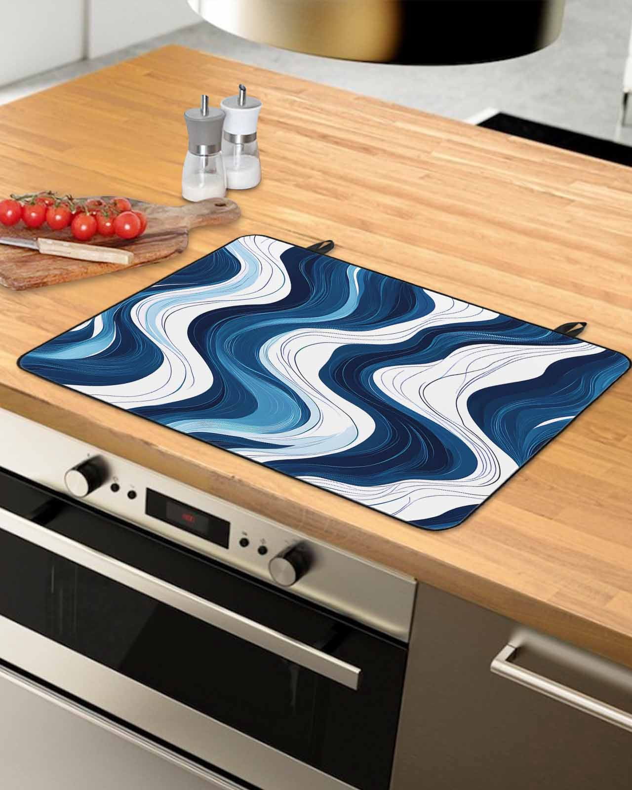 nqOlkjepod Large Induction Cooktop Protector Mat 24"x21", Blue Stripe Stove Top Covers for Electric Stove, Geometric White Coastal Wave Modern Ocean Stove Burner Cover Mats, Glass Top Stove Cover