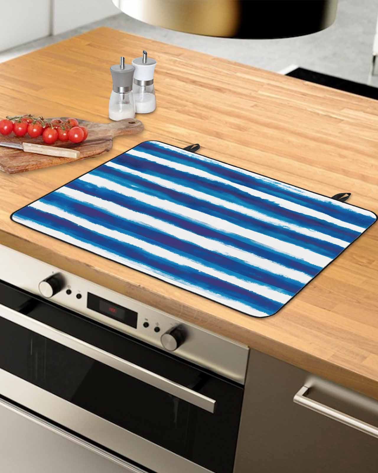 nqOlkjepod Large Induction Cooktop Protector Mat 24"x21", Blue Stripe Stove Top Covers for Electric Stove, Ocean Beach Watercolor White Geometric Stove Burner Cover Mats, Glass Top Stove Cover