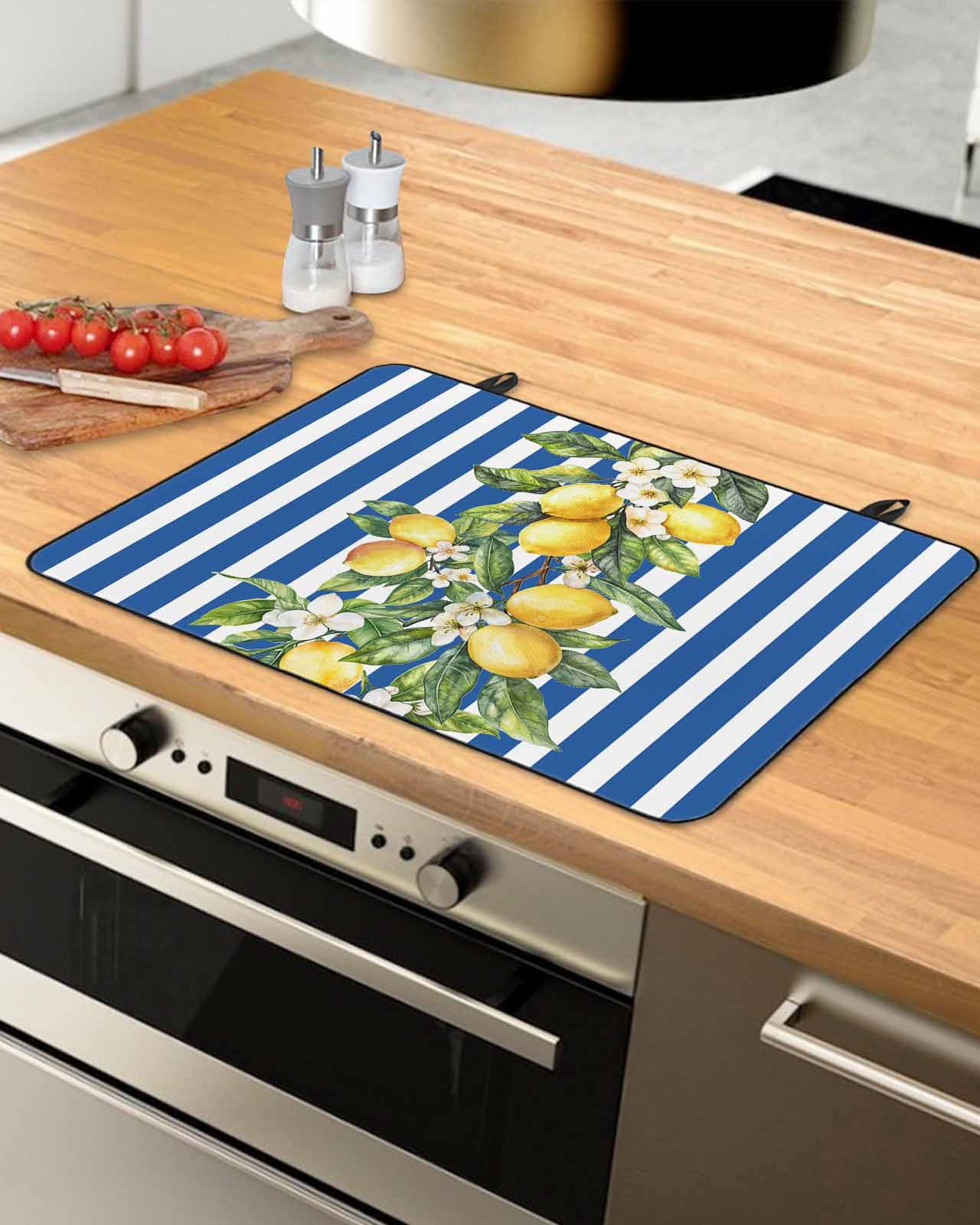 nqOlkjepod Large Induction Cooktop Protector Mat 24"x21", Blue Stripes Lemon Stove Top Covers for Electric Stove, Spring Fruit Flowers Leaves Line Stove Burner Cover Mats, Glass Top Stove Cover
