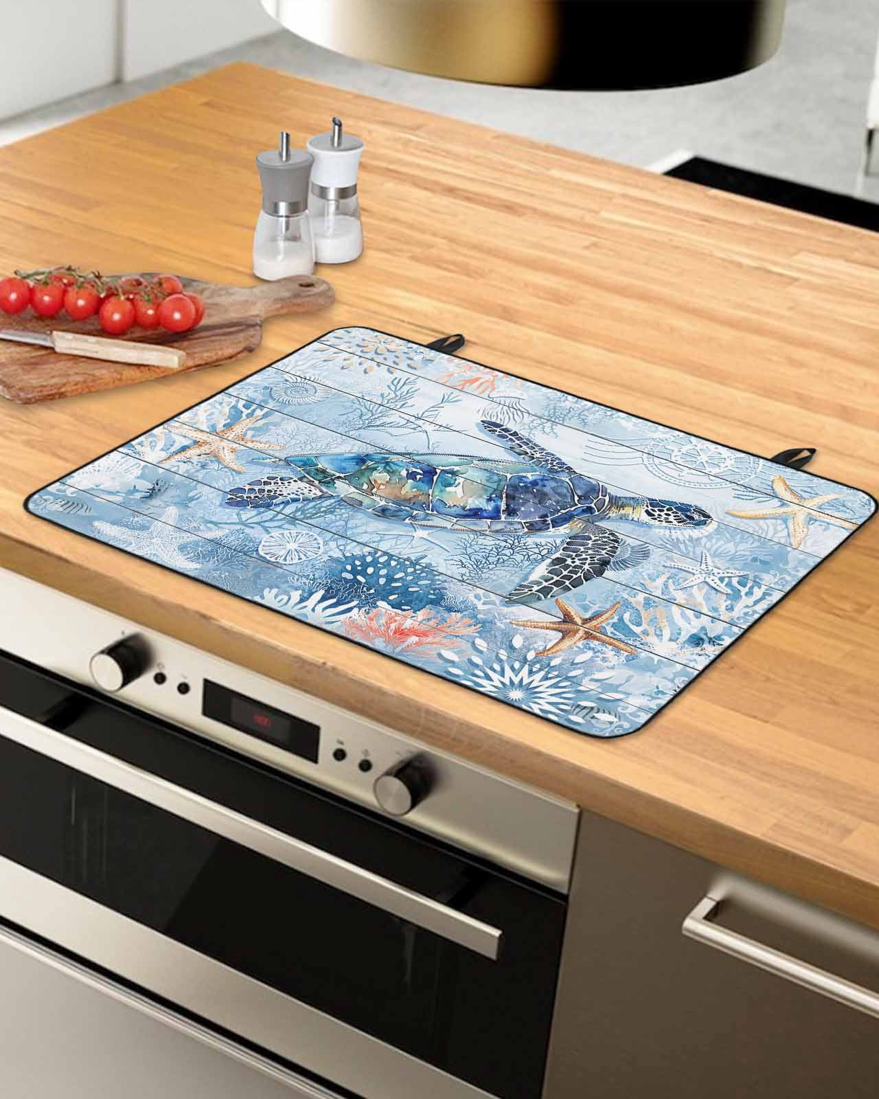 nqOlkjepod Large Induction Cooktop Protector Mat 24"x21", Blue Turtle Coastal Stove Top Covers for Electric Stove, Summer Beach Nautical Starfish Stove Burner Cover Mats, Glass Top Stove Cover