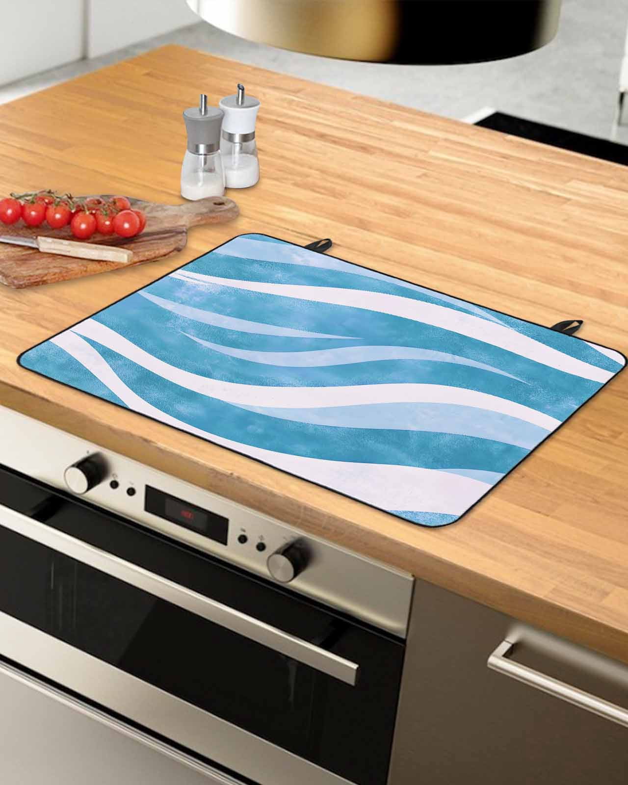 nqOlkjepod Large Induction Cooktop Protector Mat 24"x21", Blue Waves Stove Top Covers for Electric Stove, Ombre Sea Ripples Shabby Beach Decorative Stove Burner Cover Mats, Glass Top Stove Cover