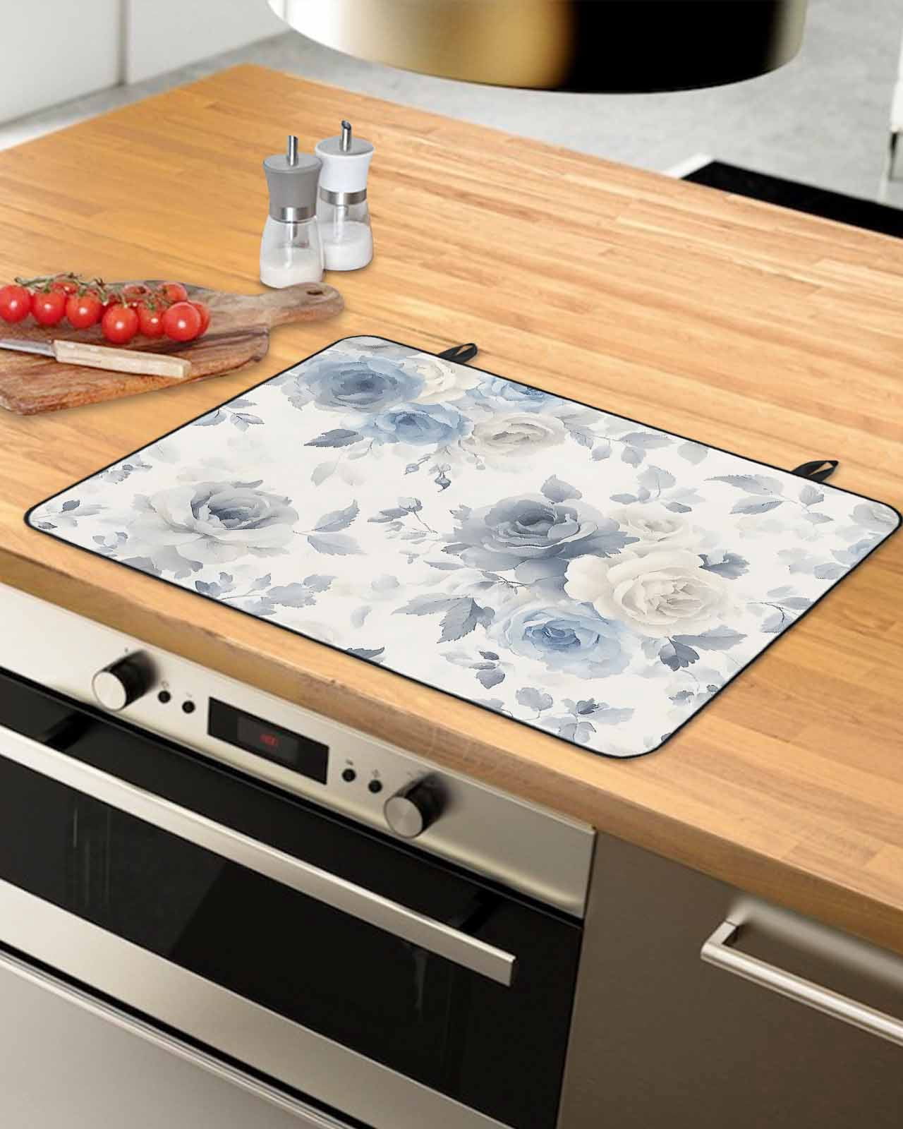 nqOlkjepod Large Induction Cooktop Protector Mat 24"x21", Blue White Floral Stove Top Covers for Electric Stove, Botanical Garden Flowers Leaves Stove Burner Cover Mats, Glass Top Stove Cover