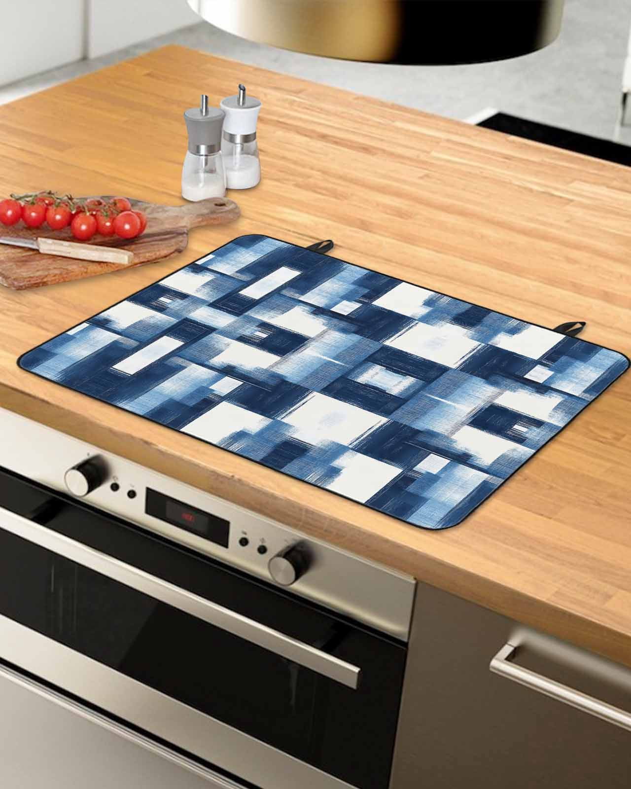 nqOlkjepod Large Induction Cooktop Protector Mat 24"x21", Blue White Geometric Stove Top Covers for Electric Stove, Vintage Abstract Plaid Texture Stove Burner Cover Mats, Glass Top Stove Cover