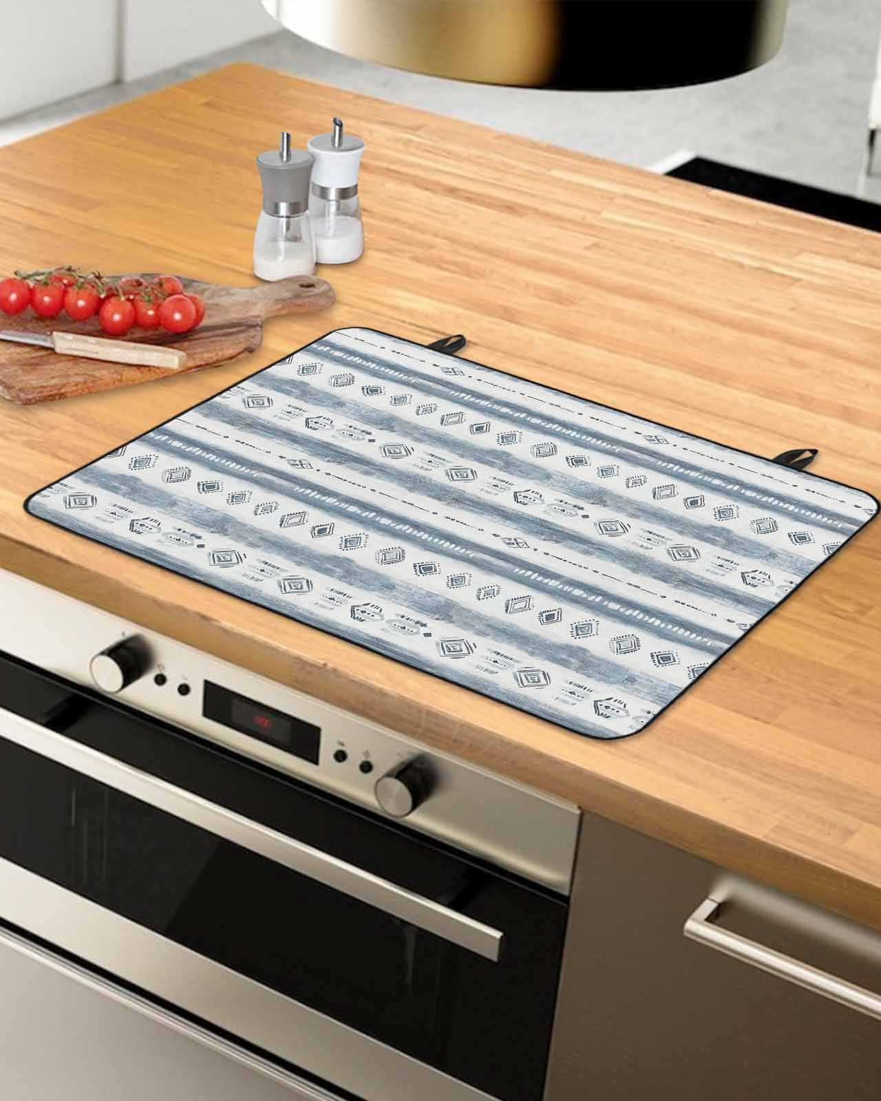nqOlkjepod Large Induction Cooktop Protector Mat 24"x21", Blue White Stripe Stove Top Covers for Electric Stove, Vintage Abstract Geometric Brush Stove Burner Cover Mats, Glass Top Stove Cover