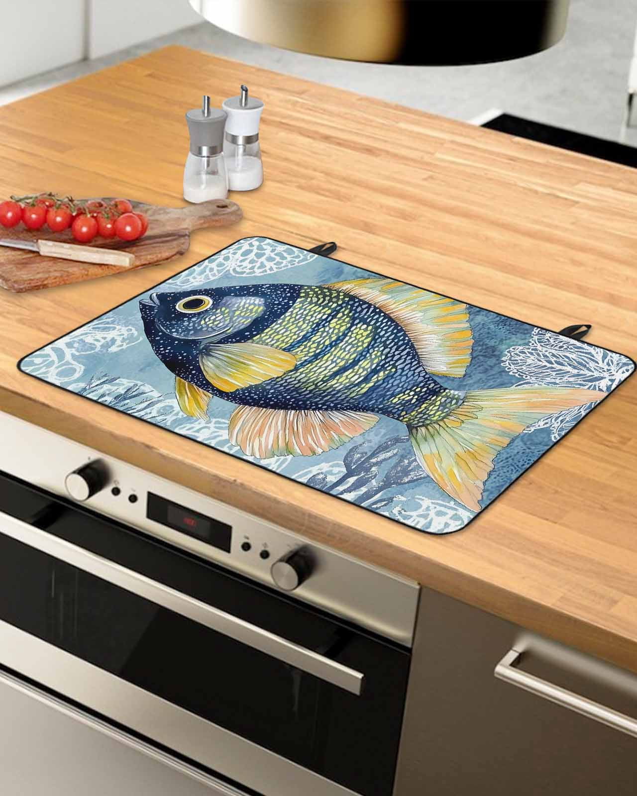 nqOlkjepod Large Induction Cooktop Protector Mat 24"x21", Blue Yellow Fish Stove Top Covers for Electric Stove, Summer Ocean Watercolor Coral Stove Burner Cover Mats, Glass Top Stove Cover
