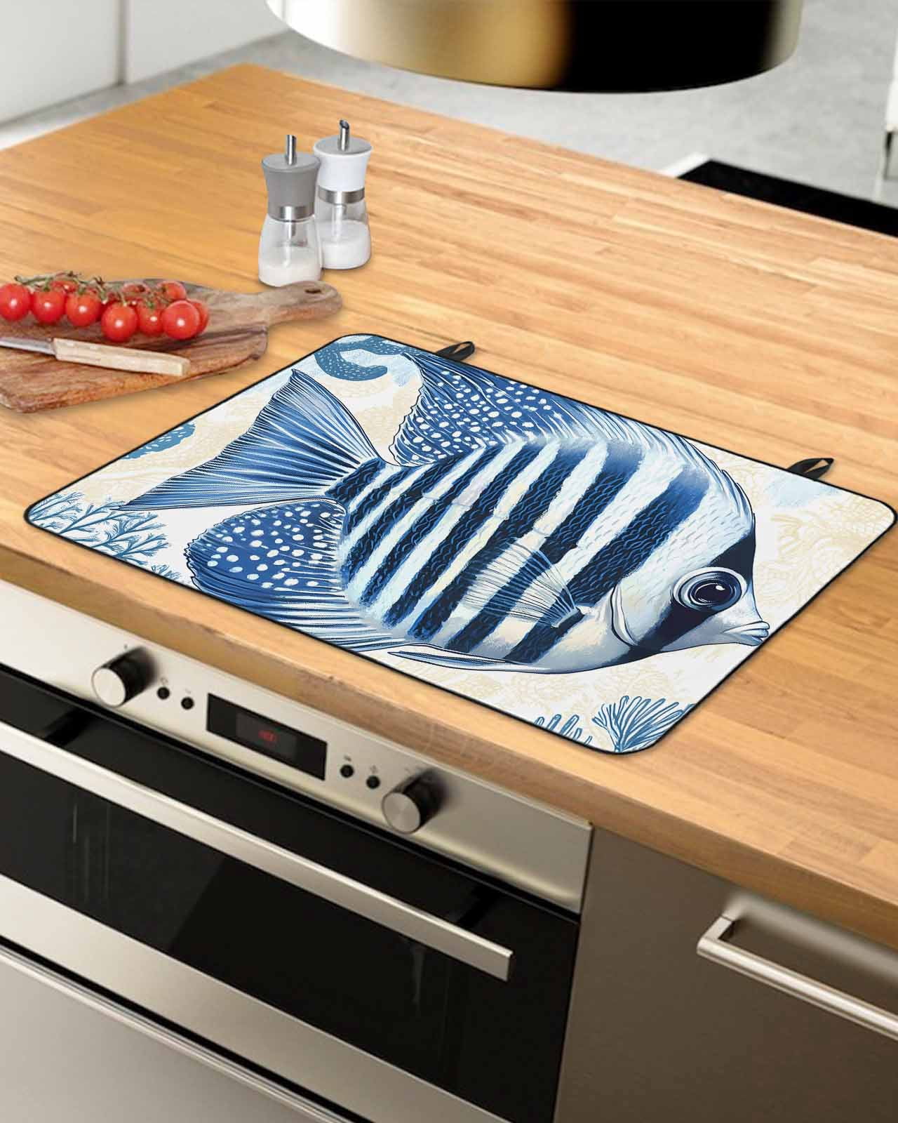 nqOlkjepod Large Induction Cooktop Protector Mat 24"x21", Blue Yellow Ocean Stove Top Covers for Electric Stove, Summer Coastal Stripe Fish Coral Stove Burner Cover Mats, Glass Top Stove Cover