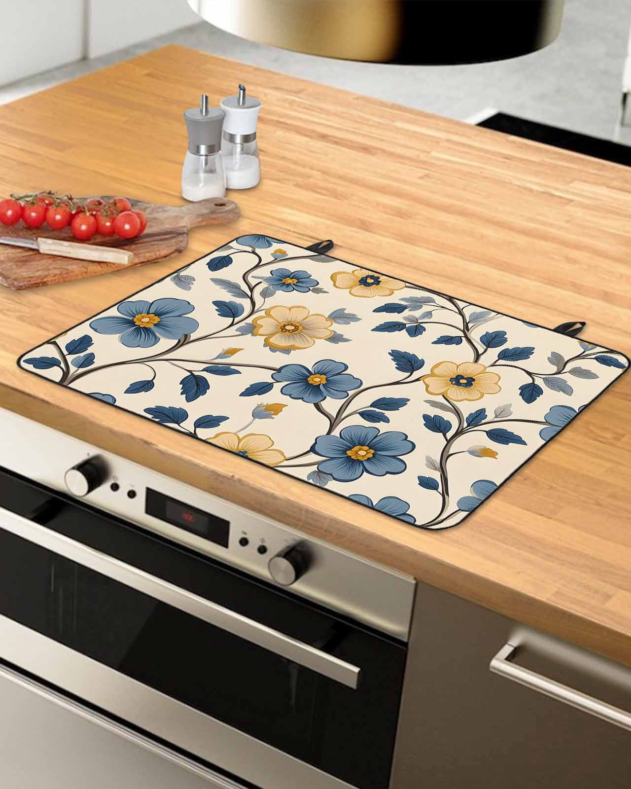 nqOlkjepod Large Induction Cooktop Protector Mat 24"x21", Blue Yellow Spring Floral Stove Top Covers for Electric Stove, Botanical Garden Flowers Stove Burner Cover Mats, Glass Top Stove Cover