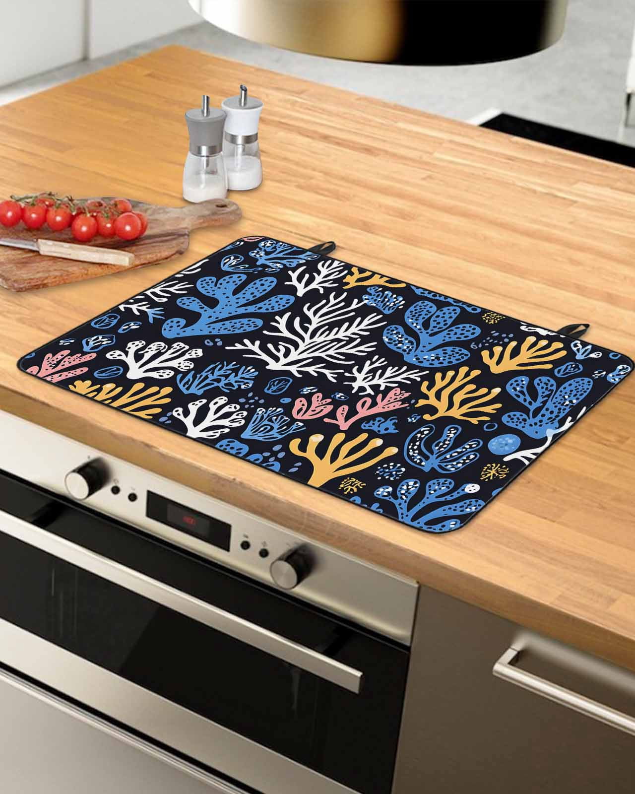 nqOlkjepod Large Induction Cooktop Protector Mat 24"x21", Blue Yellow White Coral Stove Top Covers for Electric Stove, Coastal Watercolor Ocean Stove Burner Cover Mats, Glass Top Stove Cover