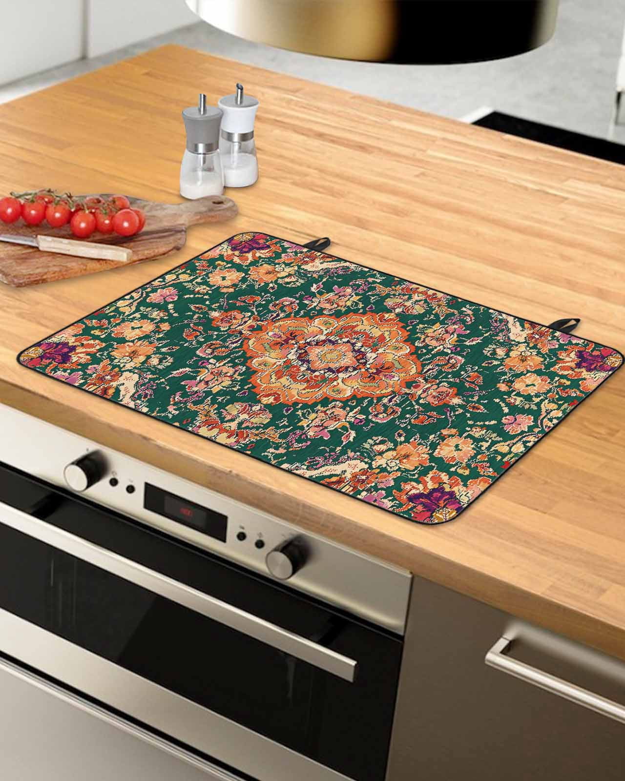 nqOlkjepod Large Induction Cooktop Protector Mat 24"x21", Bohemian Floral Stove Top Covers for Electric Stove, Abstract Retro Flowers Texture Stove Burner Cover Mats, Glass Top Stove Cover