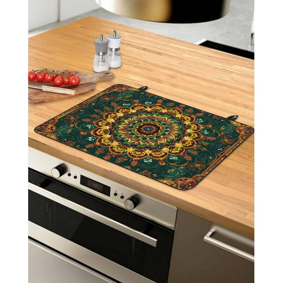 nqOlkjepod Large Induction Cooktop Protector Mat 24"x21", Bohemian Flower Stove Top Covers for Electric Stove, Colorful Yellow Boho Rustic Tribal Stove Burner Cover Mats, Glass Top Stove Cover