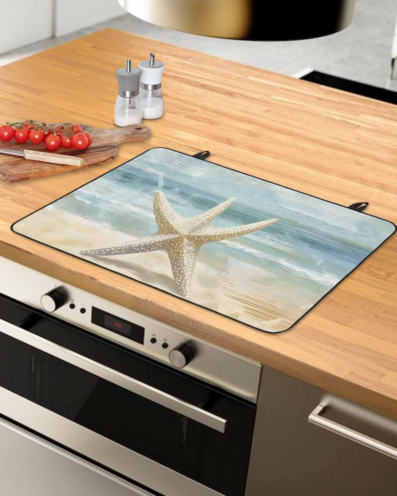 nqOlkjepod Large Induction Cooktop Protector Mat 24"x21", Boho Coastal Beach Stove Top Covers for Electric Stove, Vintage Ocean Wave Starfish Stove Burner Cover Mats, Glass Top Stove Cover