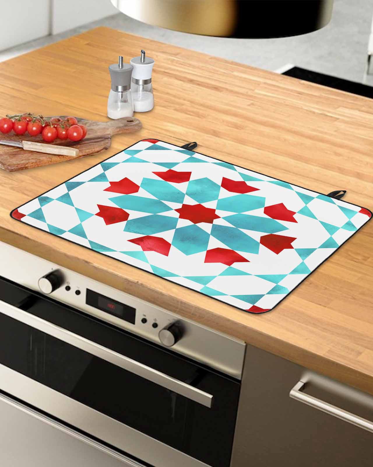 nqOlkjepod Large Induction Cooktop Protector Mat 24"x21", Boho Geometric Stove Top Covers for Electric Stove, Turquoise Red Ethnic Tribal Abstract Pattern Stove Burner Cover Mats Stove Cover