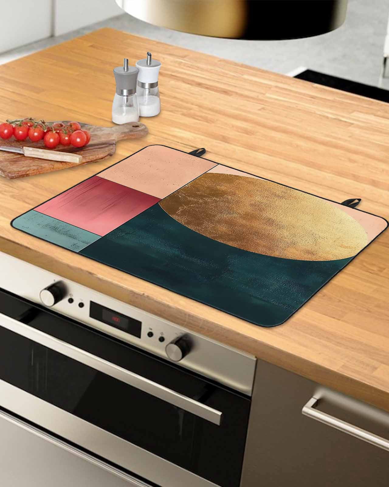 nqOlkjepod Large Induction Cooktop Protector Mat 24"x21", Boho Gold Circle Stove Top Covers for Electric Stove, Modern Geometric Color Blocks Stove Burner Cover Mats, Glass Top Stove Cover
