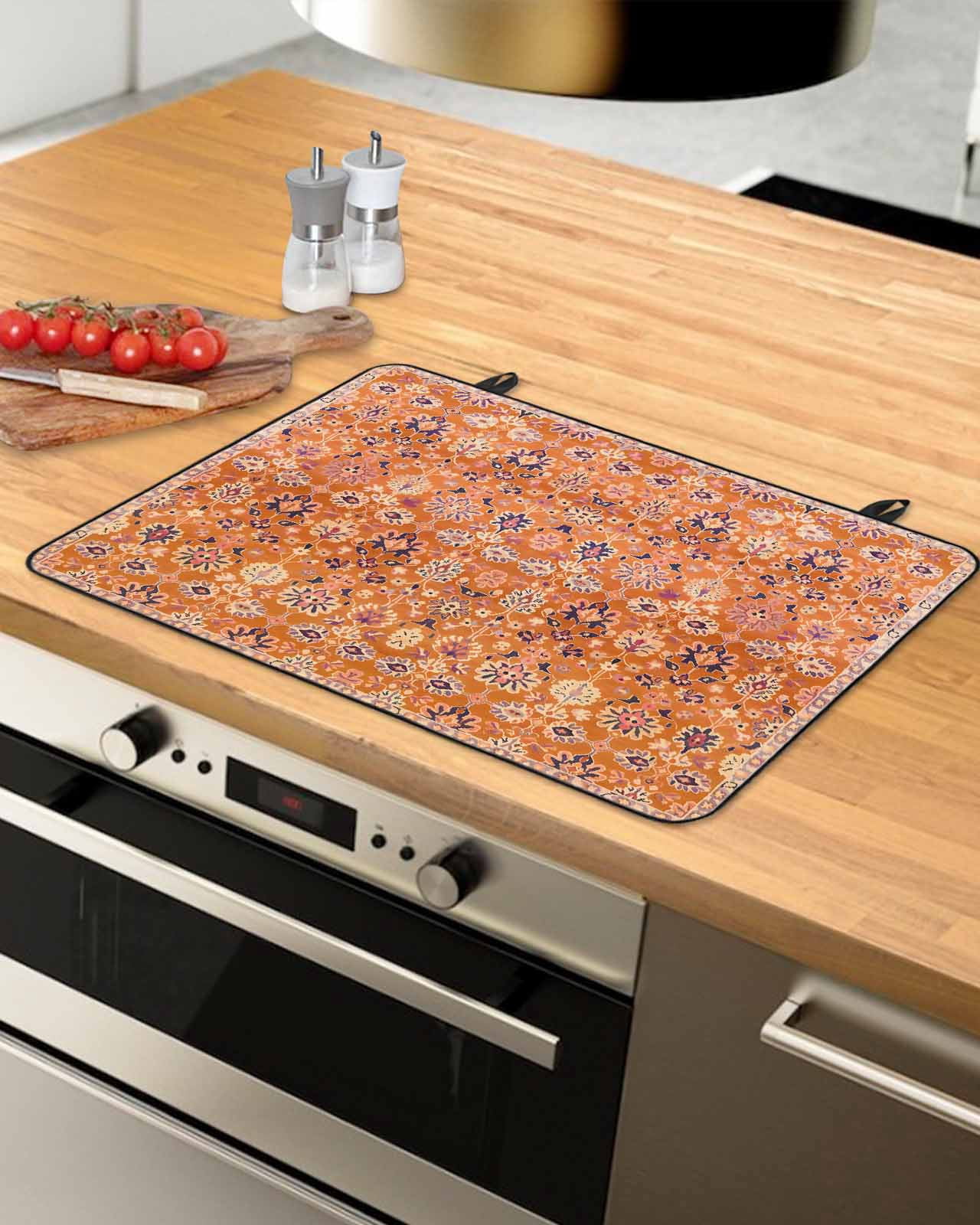 nqOlkjepod Large Induction Cooktop Protector Mat 24"x21", Boho Orange Stove Top Covers for Electric Stove, Country Style Bohemian Floral Retro Tribal Stove Burner Cover Mats, Glass Top Stove Cover