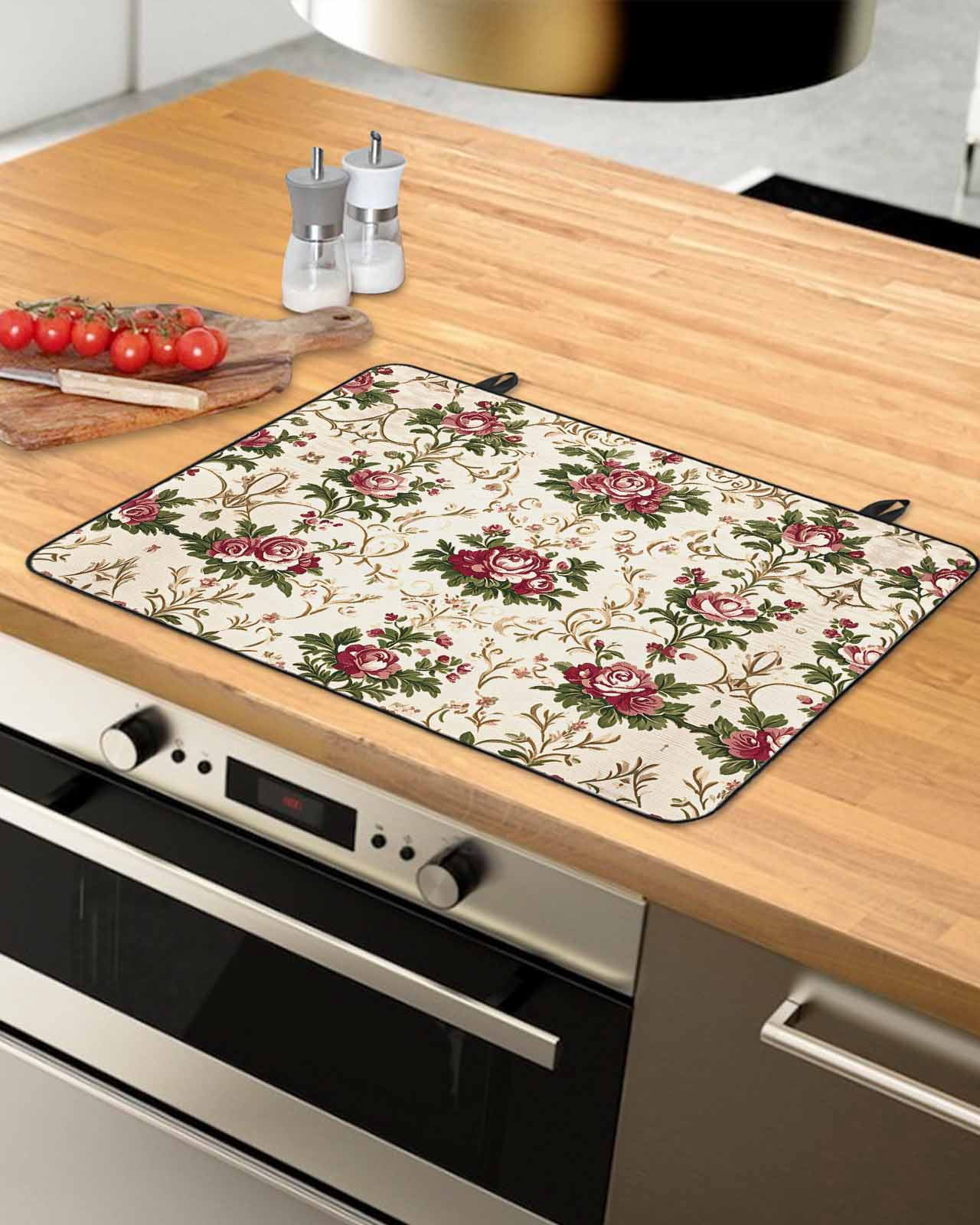 nqOlkjepod Large Induction Cooktop Protector Mat 24"x21", Boho Pink Red Floral Stove Top Covers for Electric Stove, Farmhouse Vintage Flower Green Leaf Stove Burner Cover Mats, Glass Top Stove Cover