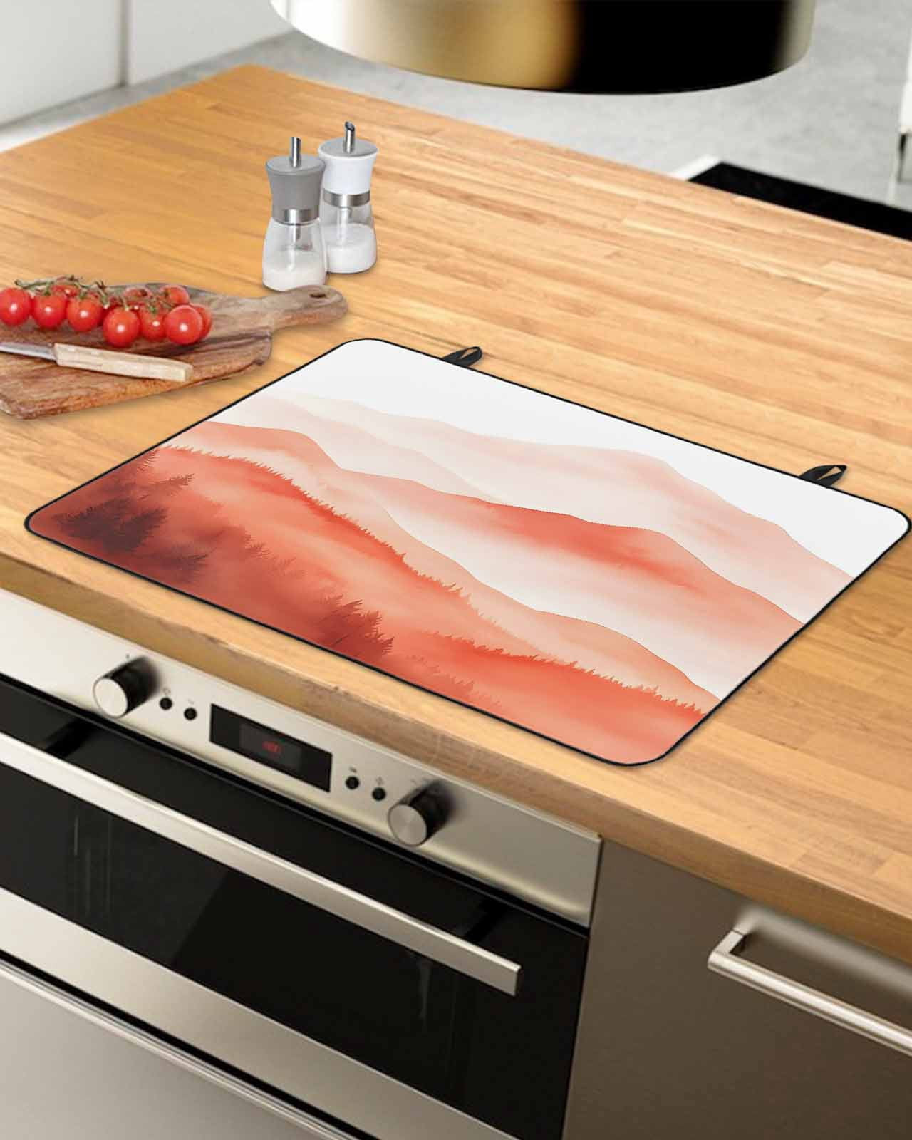 nqOlkjepod Large Induction Cooktop Protector Mat 24"x21", Boho Red Forest Stove Top Covers for Electric Stove, Modern Watercolor Mountains Trees Stove Burner Cover Mats, Glass Top Stove Cover