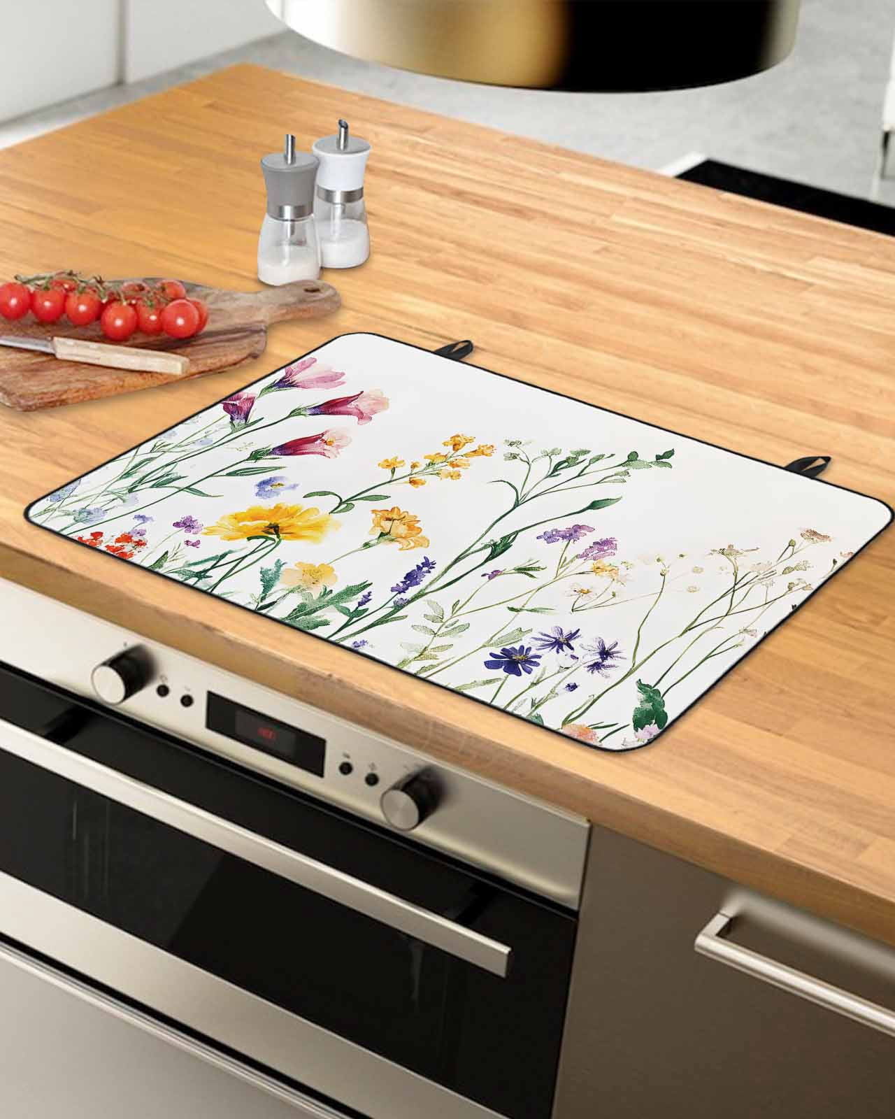 nqOlkjepod Large Induction Cooktop Protector Mat 24"x21", Botanical Floral Stove Top Covers for Electric Stove, Farmhouse Watercolor Floral Decorative Stove Burner Cover Mats, Glass Top Stove Cover