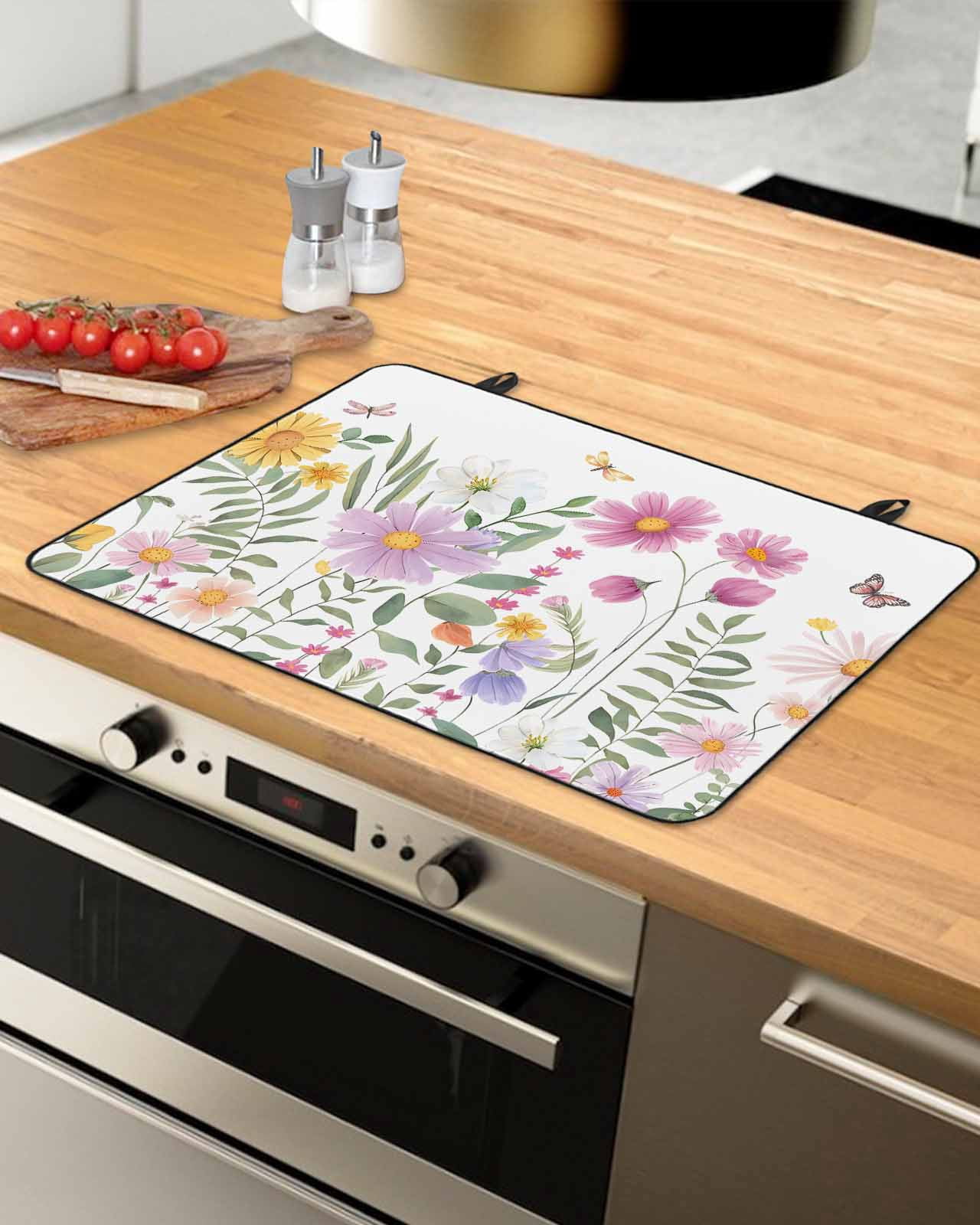 nqOlkjepod Large Induction Cooktop Protector Mat 24"x21", Botanical Floral Stove Top Covers for Electric Stove, Spring Colorful Flowers Butterfly Stove Burner Cover Mats, Glass Top Stove Cover
