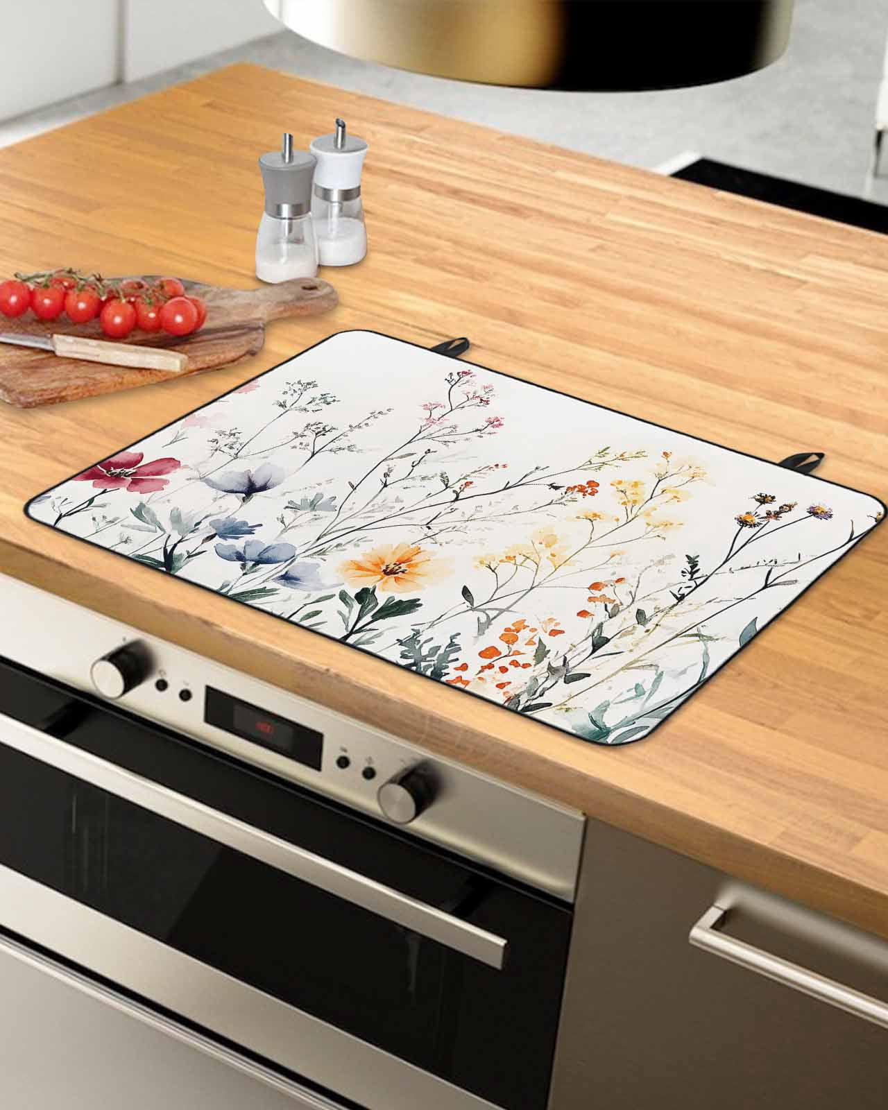 nqOlkjepod Large Induction Cooktop Protector Mat 24"x21", Botanical Floral Stove Top Covers for Electric Stove, Spring Summer Farmhouse Flowers Stove Burner Cover Mats, Glass Top Stove Cover
