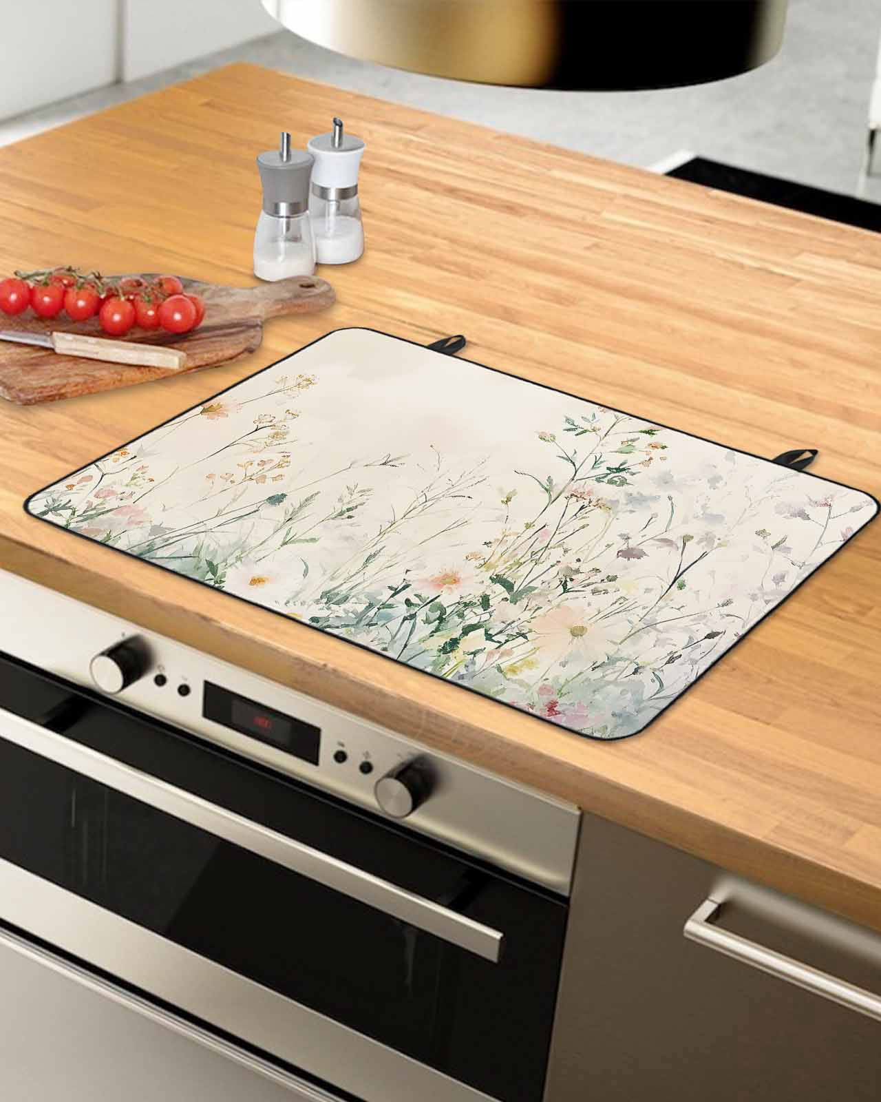 nqOlkjepod Large Induction Cooktop Protector Mat 24"x21", Botanical Floral Stove Top Covers for Electric Stove, Summer Spring Farmhouse Flowers Stove Burner Cover Mats, Glass Top Stove Cover