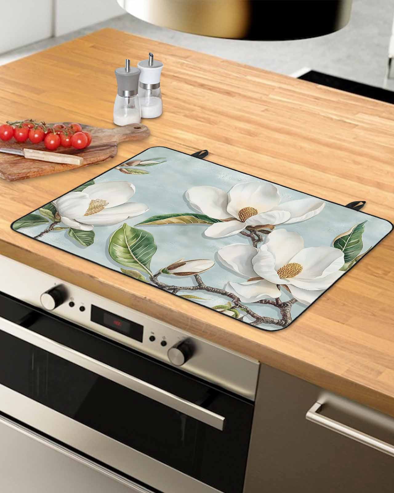 nqOlkjepod Large Induction Cooktop Protector Mat 24"x21", Botanical Flowers Stove Top Covers for Electric Stove, Country Magnolia Leaves Branches Stove Burner Cover Mats, Glass Top Stove Cover