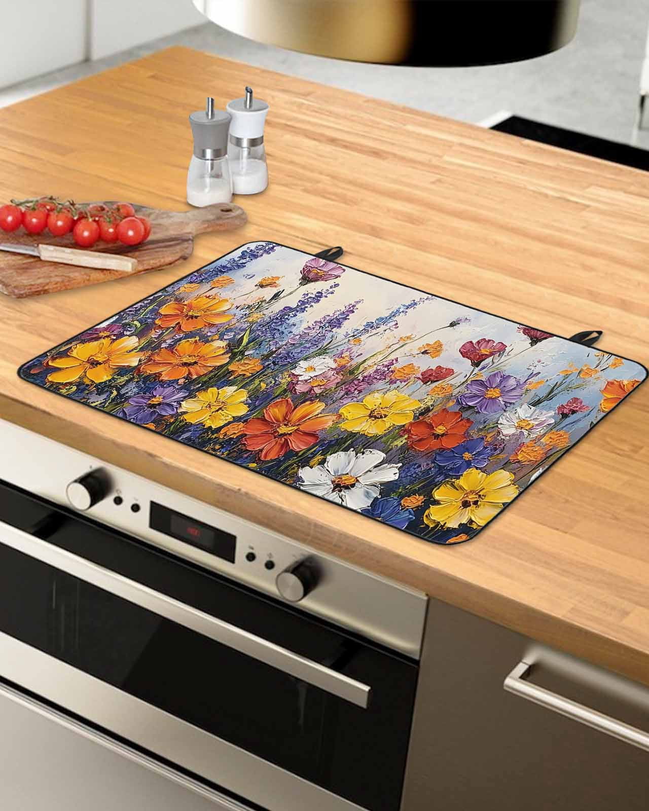 nqOlkjepod Large Induction Cooktop Protector Mat 24"x21", Botanical Flowers Stove Top Covers for Electric Stove, Farmhouse Floral Herbs Oil Painting Stove Burner Cover Mats, Glass Top Stove Cover