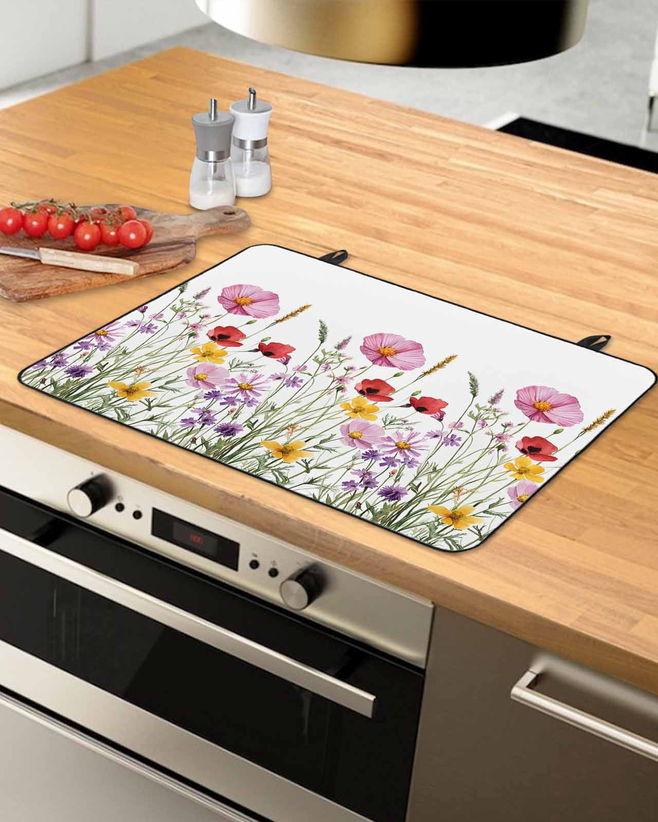 nqOlkjepod Large Induction Cooktop Protector Mat 24"x21", Botanical Flowers Stove Top Covers for Electric Stove, Spring Budding Wild Floral Herbs Stove Burner Cover Mats, Glass Top Stove Cover