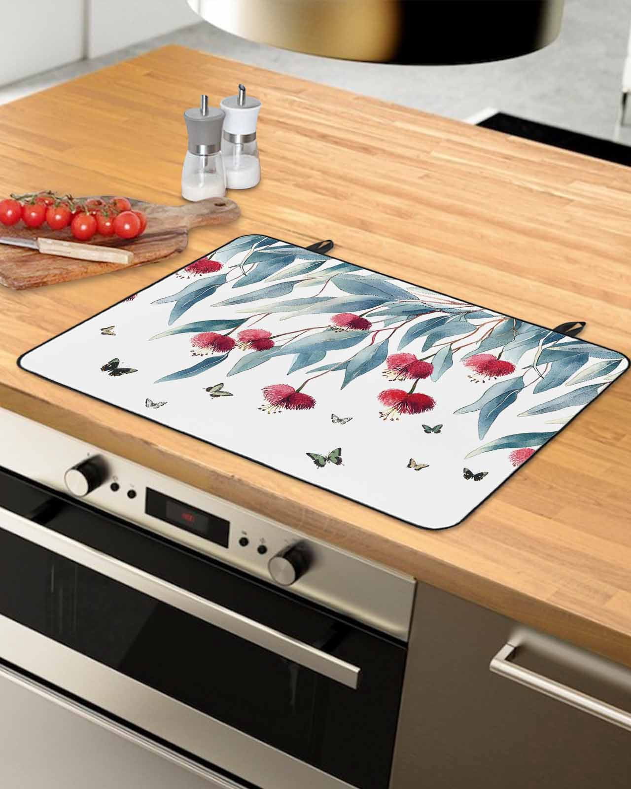 nqOlkjepod Large Induction Cooktop Protector Mat 24"x21", Botanical Leaves Stove Top Covers for Electric Stove, Spring Floral Butterfly Pastoral Stove Burner Cover Mats, Glass Top Stove Cover