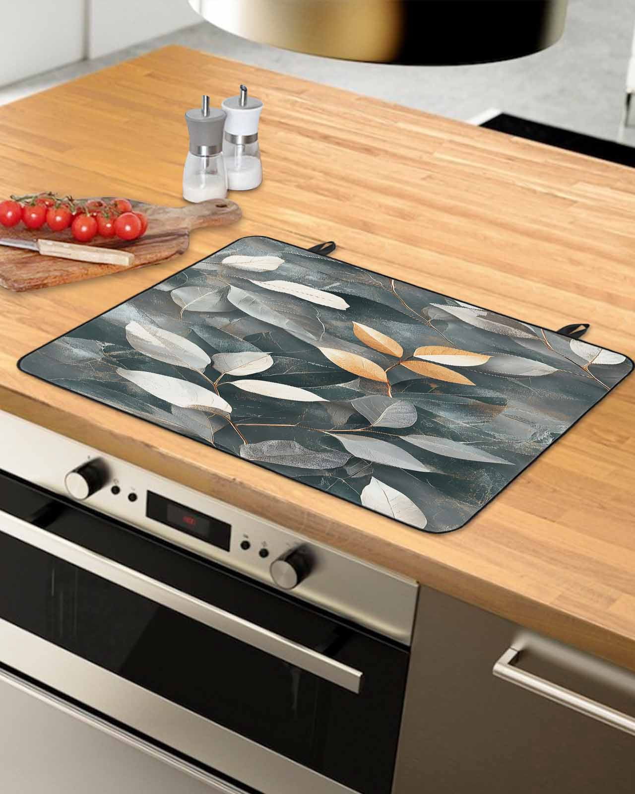 nqOlkjepod Large Induction Cooktop Protector Mat 24"x21", Botanical Leaves Stove Top Covers for Electric Stove, Vintage Leaf Plants Vines Branches Stove Burner Cover Mats, Glass Top Stove Cover