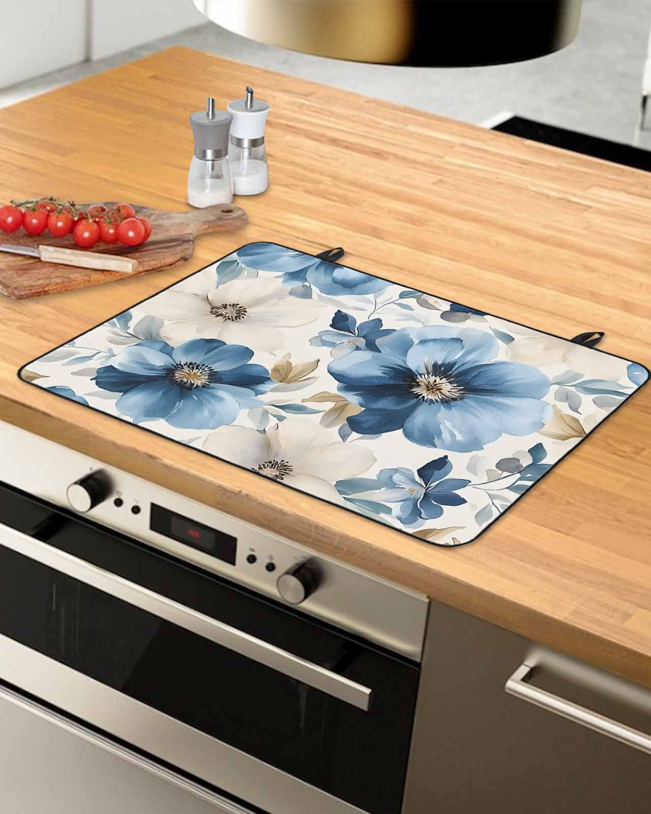 nqOlkjepod Large Induction Cooktop Protector Mat 24"x21", Botanicals Flower Stove Top Covers for Electric Stove, Watercolor Blue Plant Eucalyptus Stove Burner Cover Mats, Glass Top Stove Cover