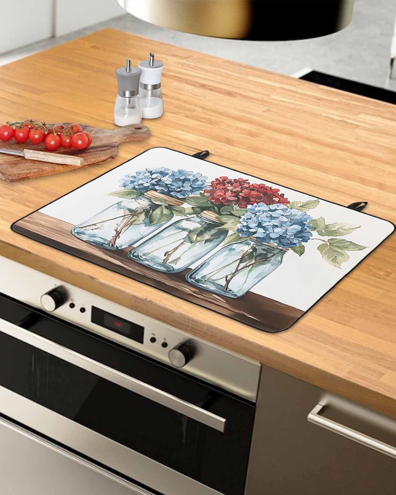 nqOlkjepod Large Induction Cooktop Protector Mat 24"x21", Bottle Flower Stove Top Covers for Electric Stove, Country Red Blue Spring Budding Floral Stove Burner Cover Mats, Glass Top Stove Cover