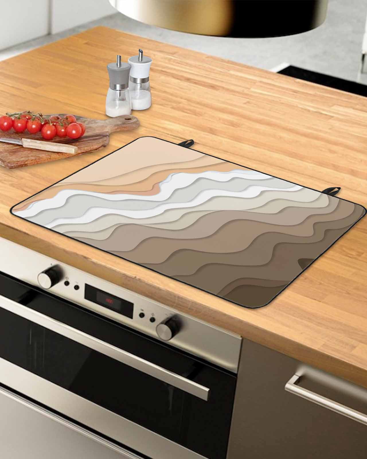 nqOlkjepod Large Induction Cooktop Protector Mat 24"x21", Brown Coastal Beach Stove Top Covers for Electric Stove, Retro Farmhouse Ocean Waves Striped Stove Burner Cover Mats, Glass Top Stove Cover