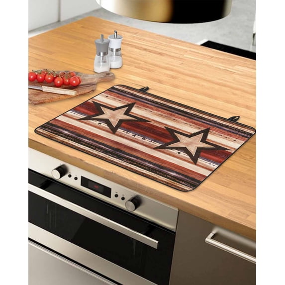 nqOlkjepod Large Induction Cooktop Protector Mat 24"x21", Brown Red Star Western Stove Top Covers for Electric Stove, Vintage Country Wooden Decorative Stove Burner Cover Mats, Glass Top Stove Cover