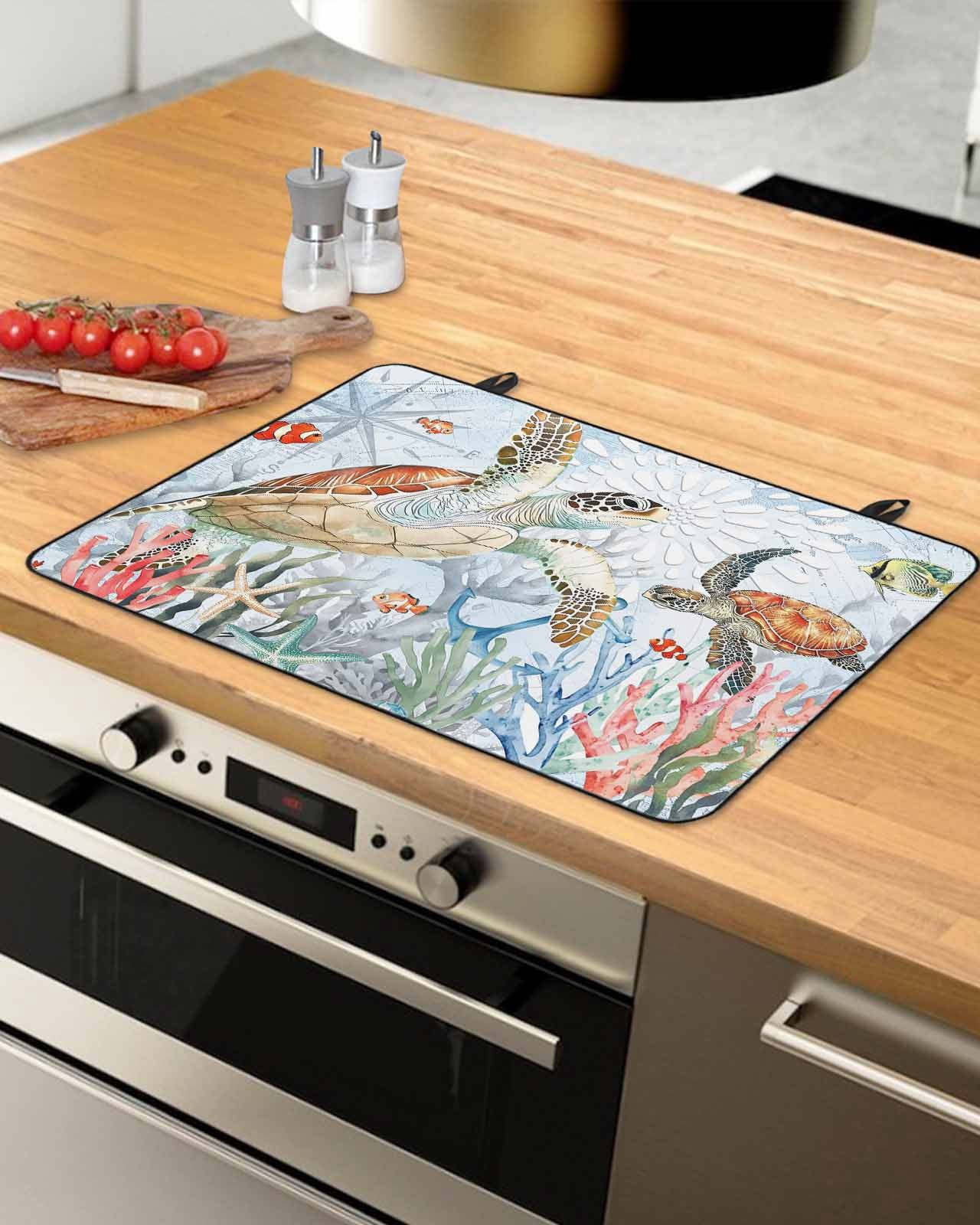 nqOlkjepod Large Induction Cooktop Protector Mat 24"x21", Brown Sea Turtle Coastal Stove Top Covers for Electric Stove, Vintage Summer Beach Coral Starfish Stove Burner Cover Mats Stove Cover
