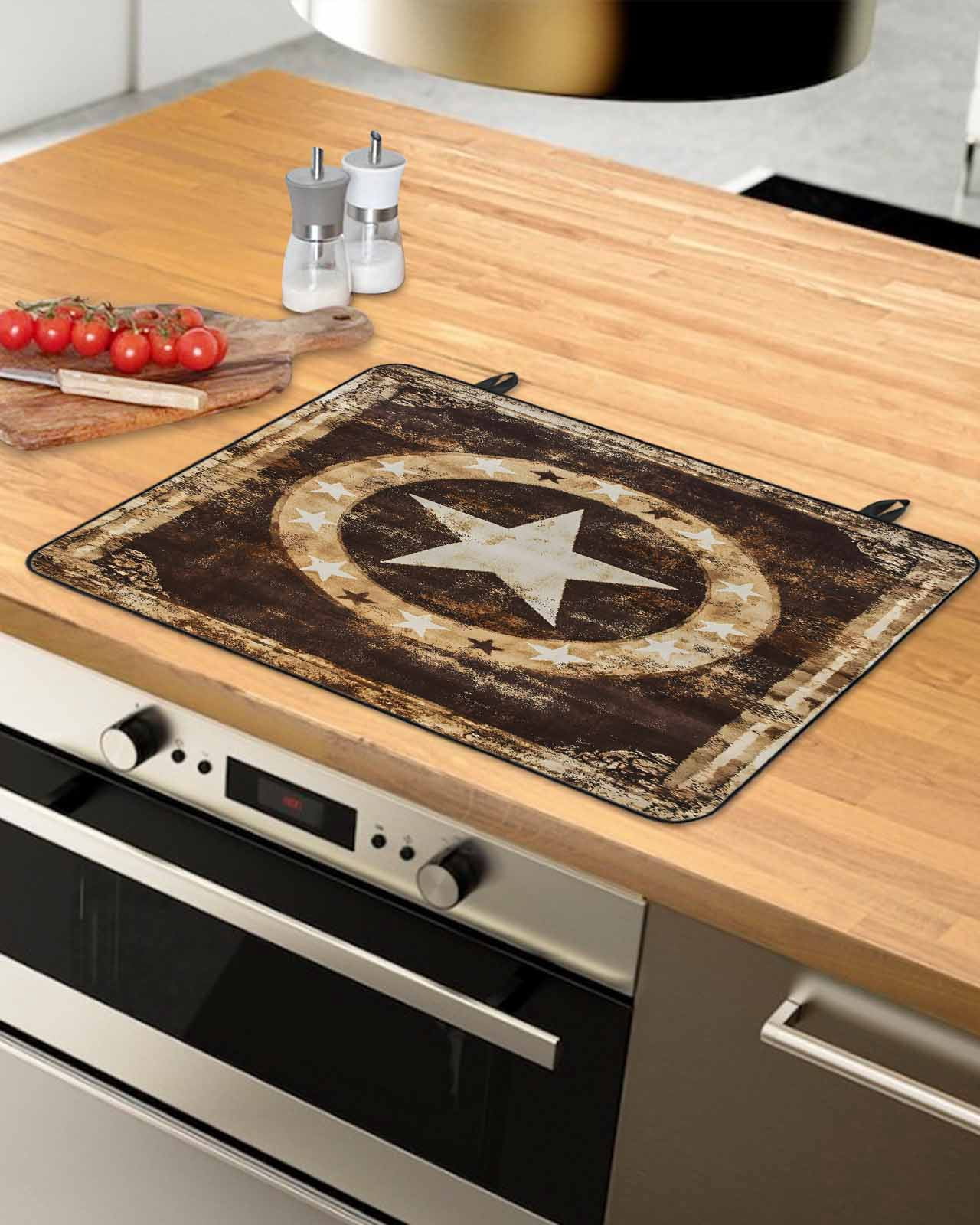 nqOlkjepod Large Induction Cooktop Protector Mat 24"x21", Brown Star Texas Stove Top Covers for Electric Stove, Vintage Western Country Wooden Stove Burner Cover Mats, Glass Top Stove Cover
