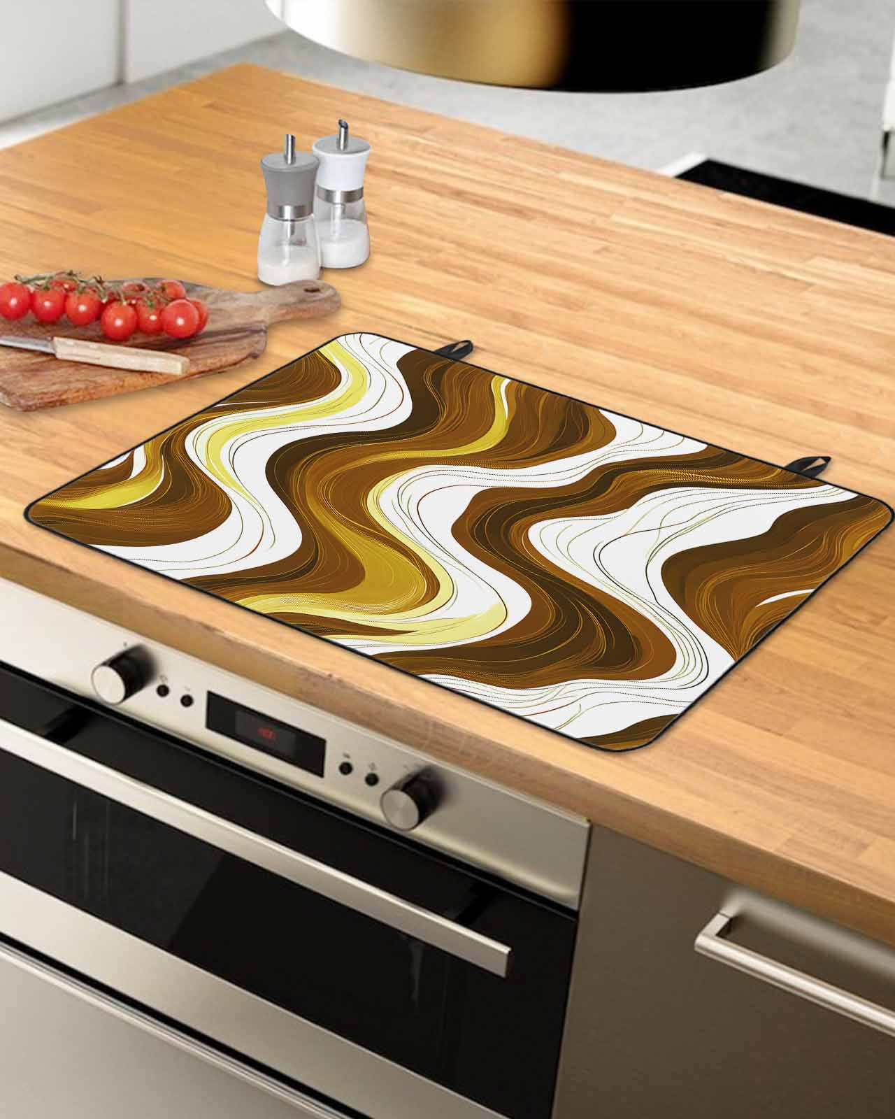 nqOlkjepod Large Induction Cooktop Protector Mat 24"x21", Brown Stripe Stove Top Covers for Electric Stove, Gold Geometric White Coastal Wave Modern Ocean Stove Burner Cover Mats Stove Cover